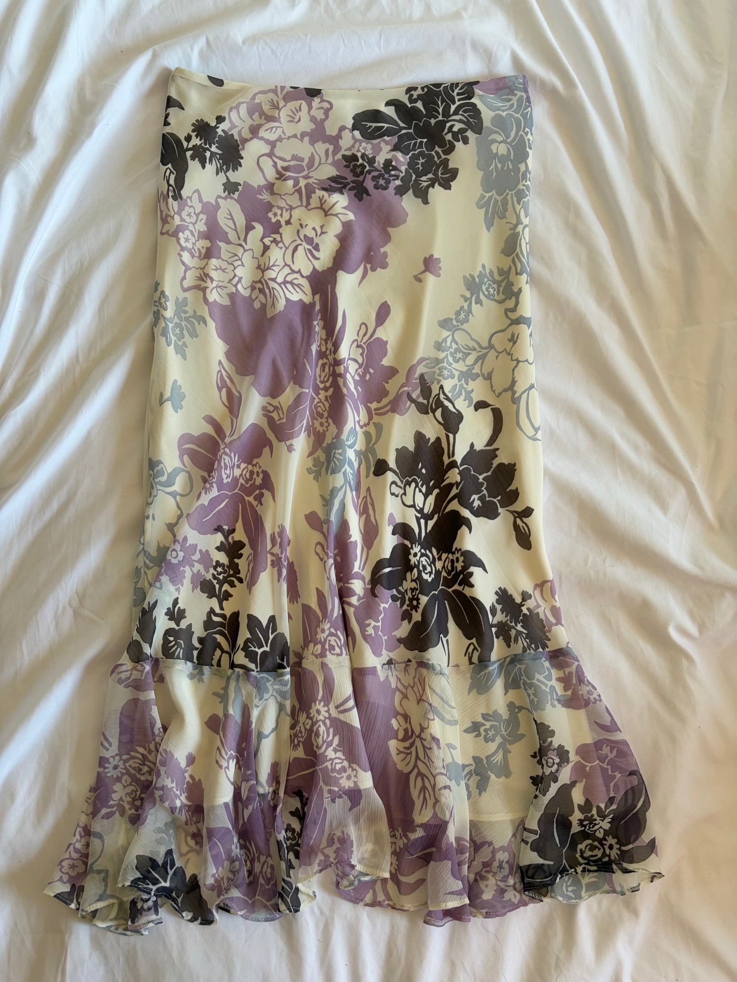 Vintage Y2K cream blue and purple floral floaty midi skirt