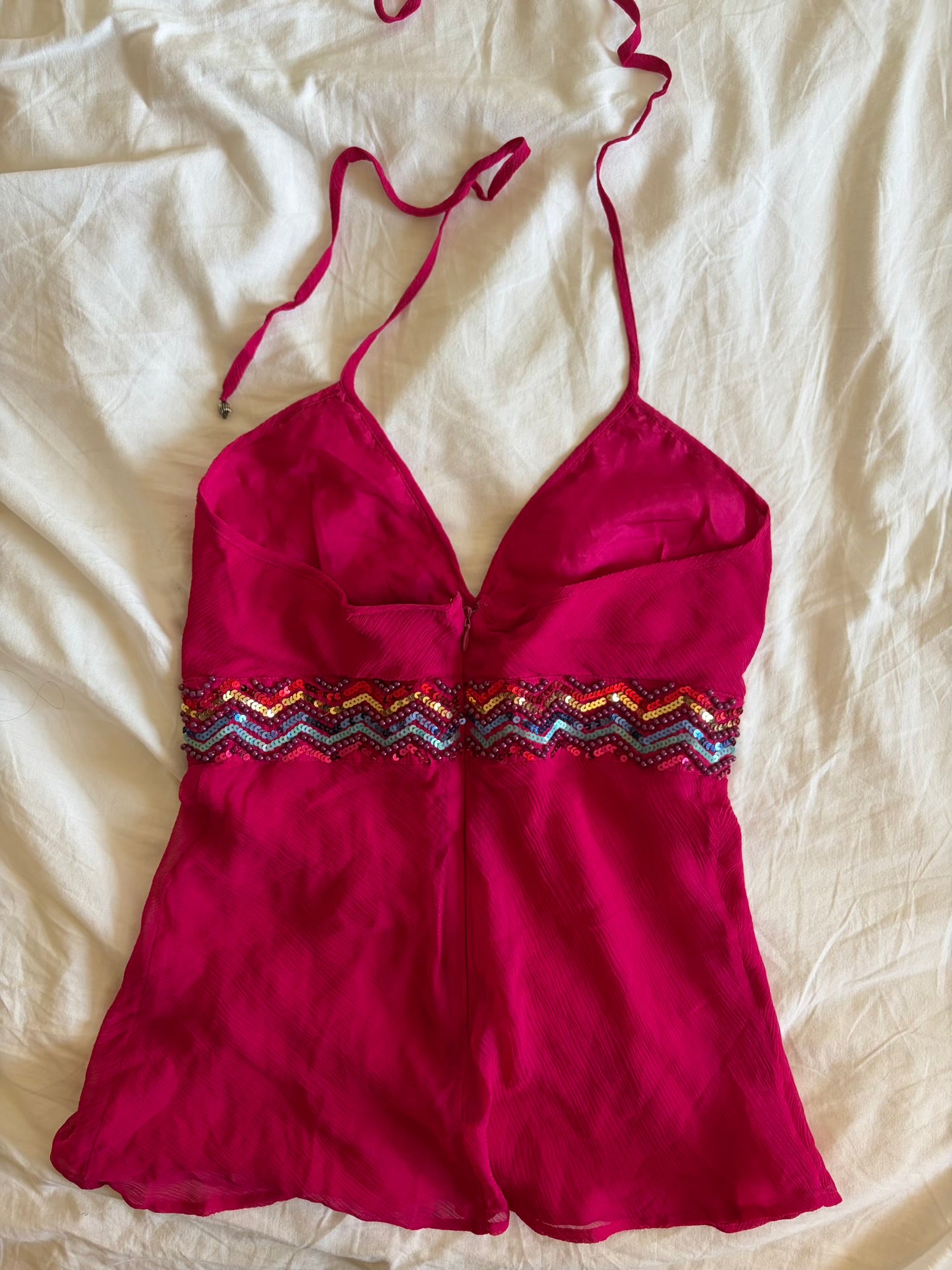 Vintage Y2K cerise silk halterneck cami with beaded and sequin detail with key hole