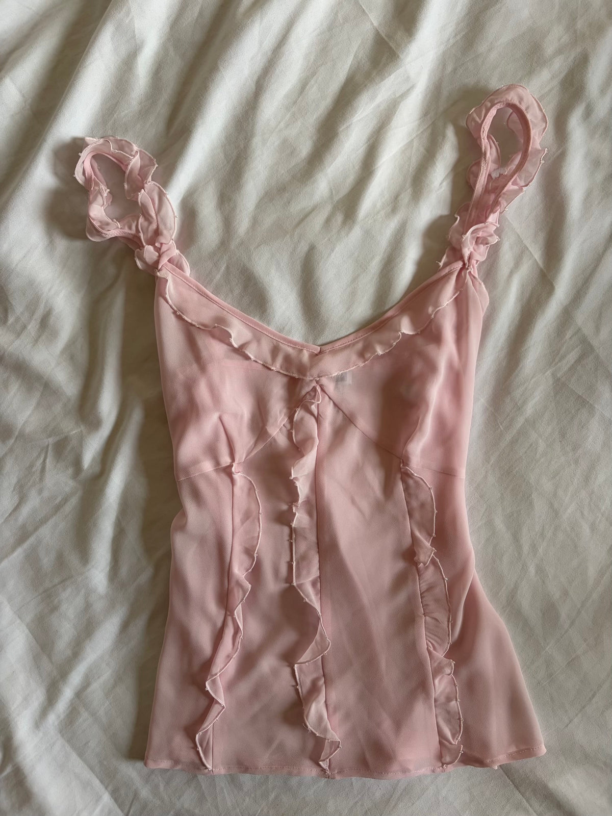 Vintage 1990s Baby Pink Semi Sheer Cami with Beads and Ruffle Detail
