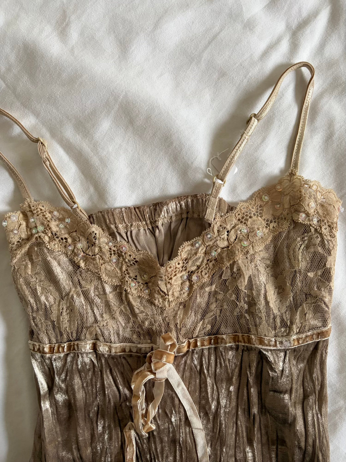 Vintage 2000s Champagne Velvet Cami with Sequins, Beads and Ribbon Detail