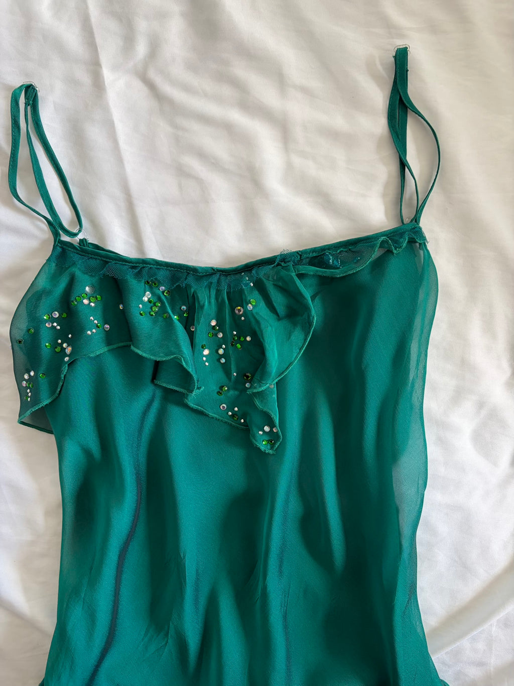 Vintage Y2K Teal Fairy Sheer Mini Asymmetrical Hem Dress with Lace and Sequins