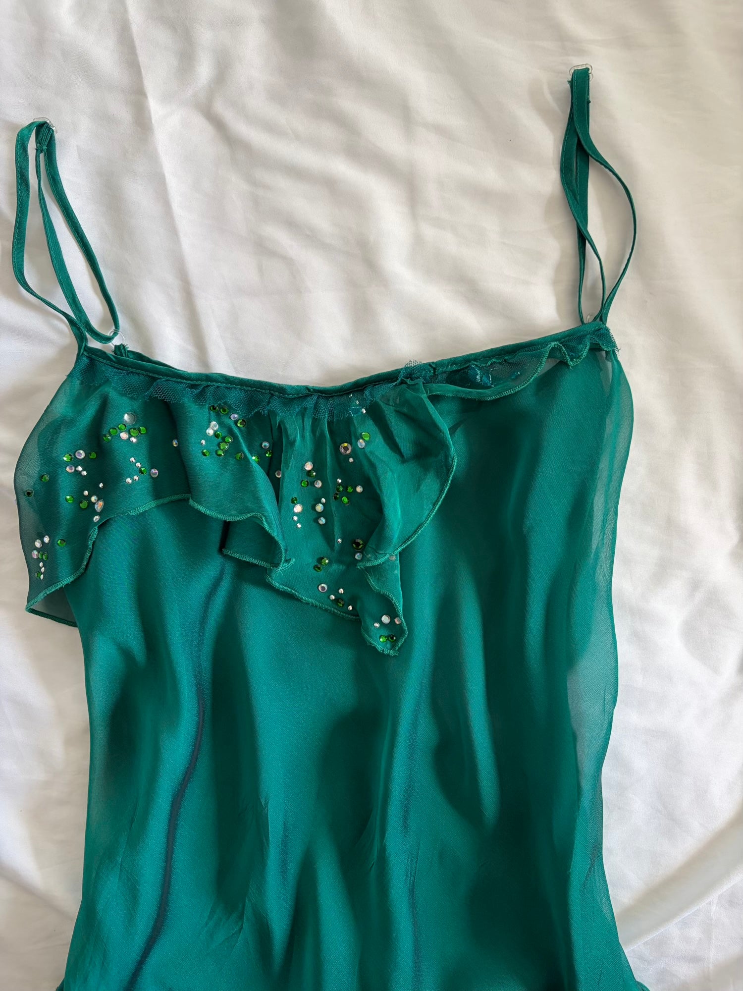 Vintage Y2K Teal Fairy Sheer Mini Asymmetrical Hem Dress with Lace and Sequins