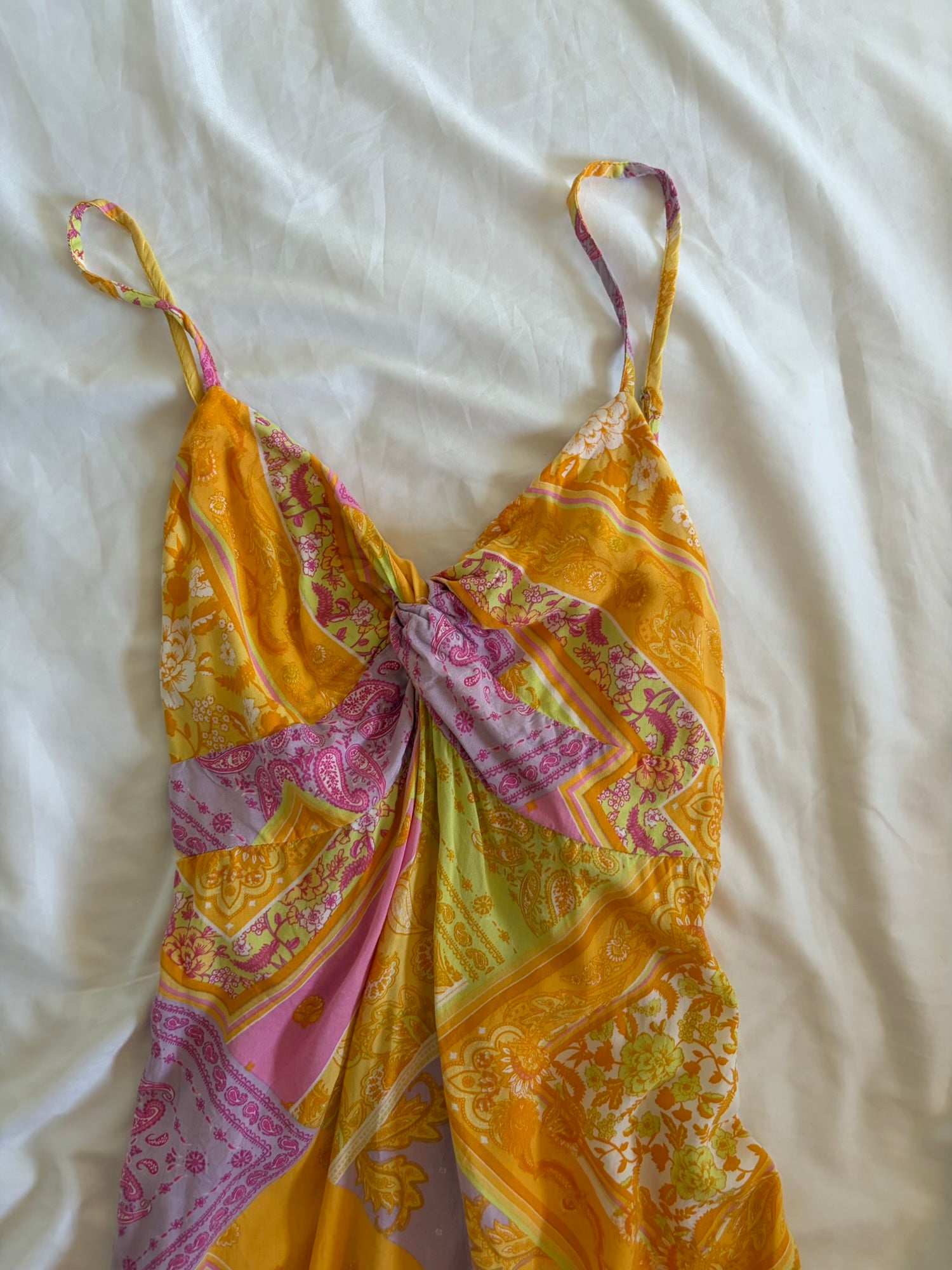 2010s Patchwork Paisley Yellow Lilac Orange and Pink Mini Dress