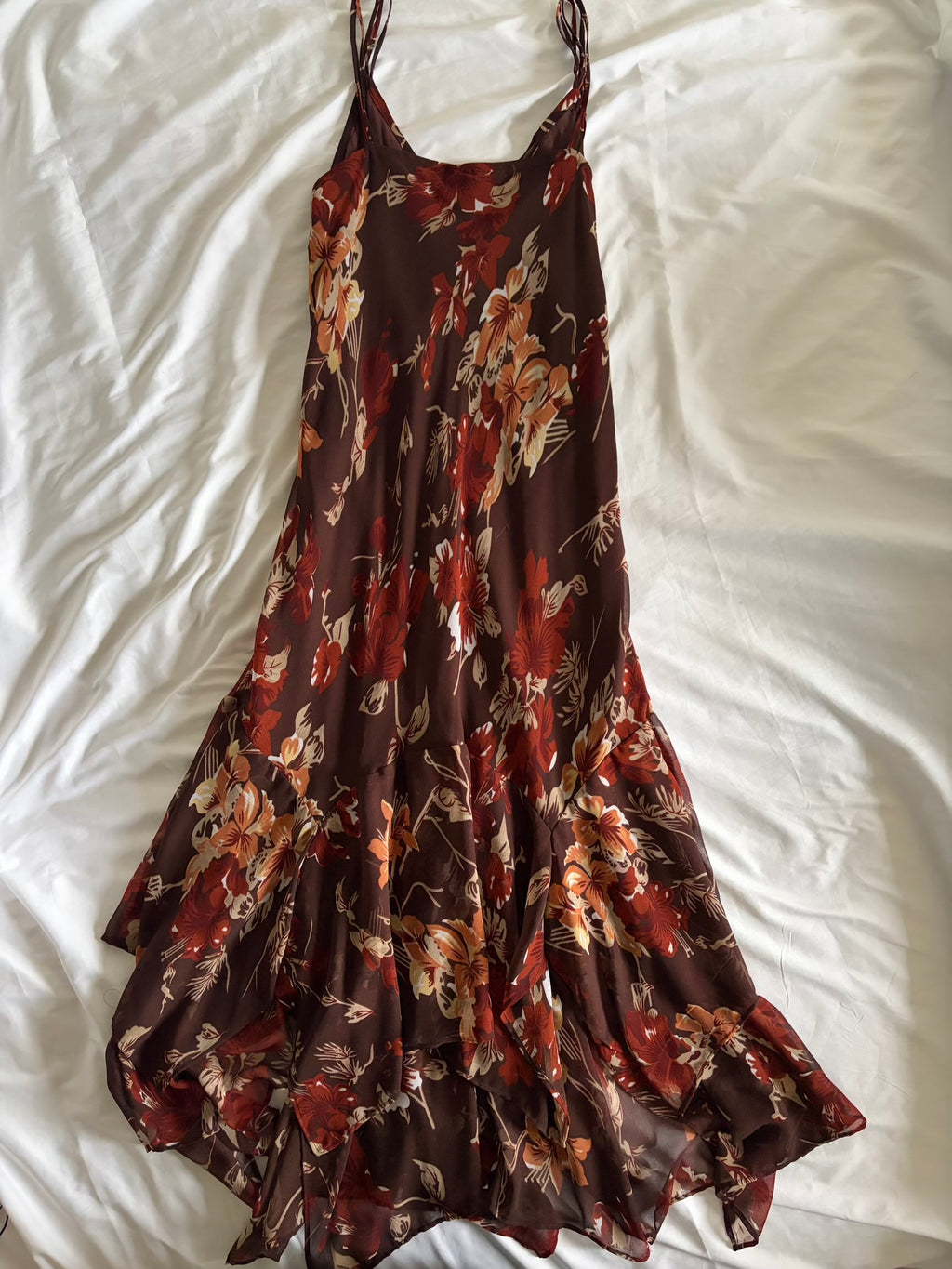 Vintage 2000s Brown Asymmetrical Hem Dress with Beads, Sequins and Matching Scarf