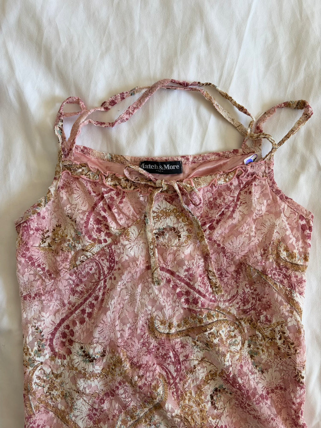 Vintage Y2K Japanese pink and brown lace coquette cami with double racer strap detail