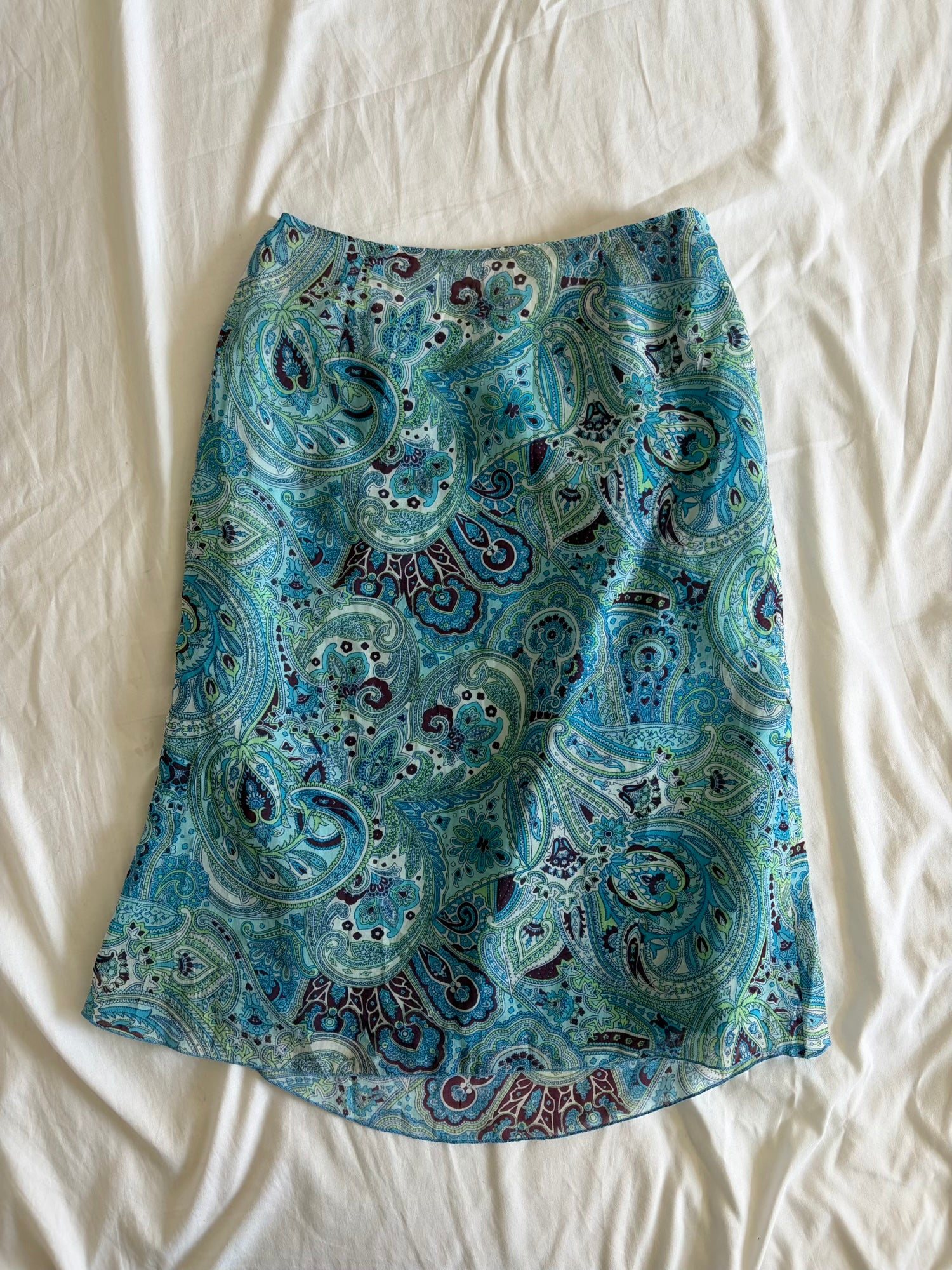 Vintage Y2K Blue and Green Paisley Midi Skirt