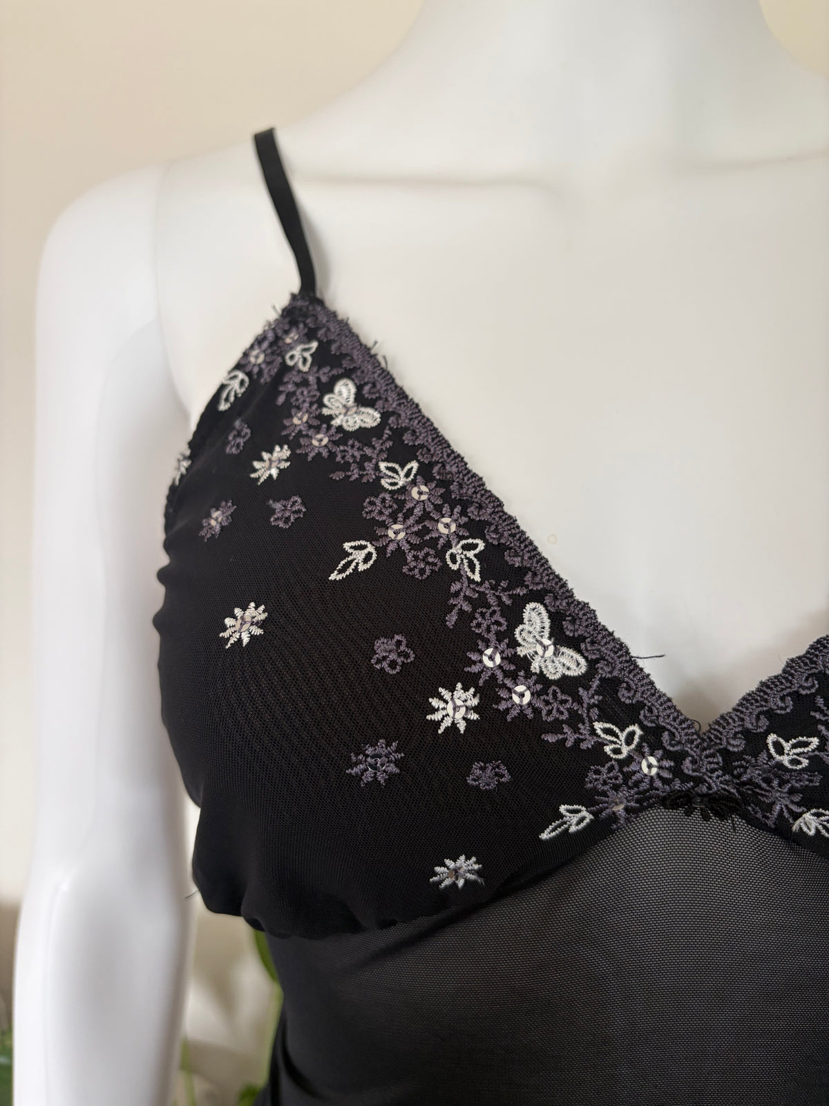 Vintage 1990s Black Mesh Cami with Butterfly-Embroidered Cups and Sequins