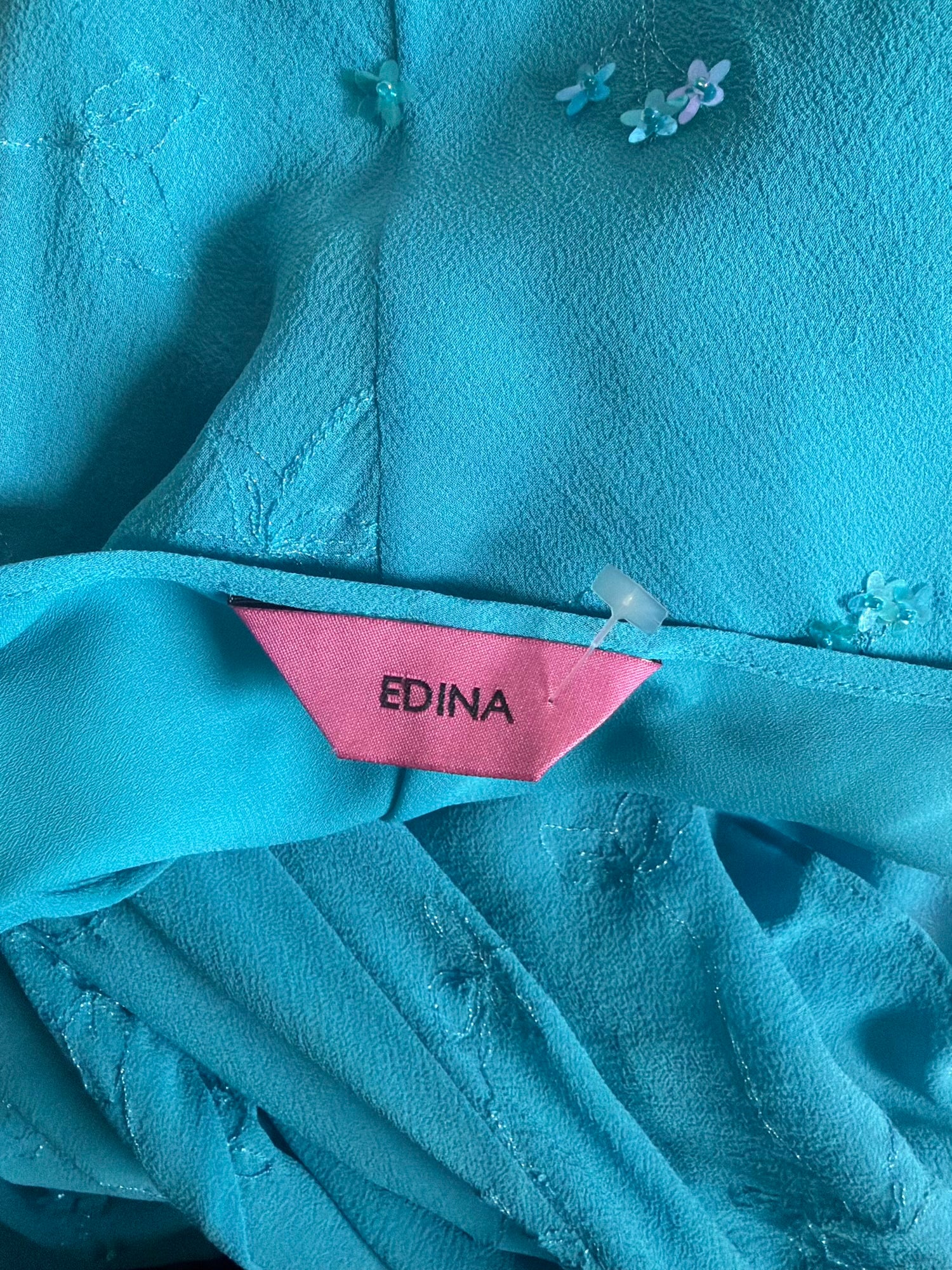 Vintage 1990s Turquoise Silk Asymmetrical Hem Dress with Mini Flowers and Beads