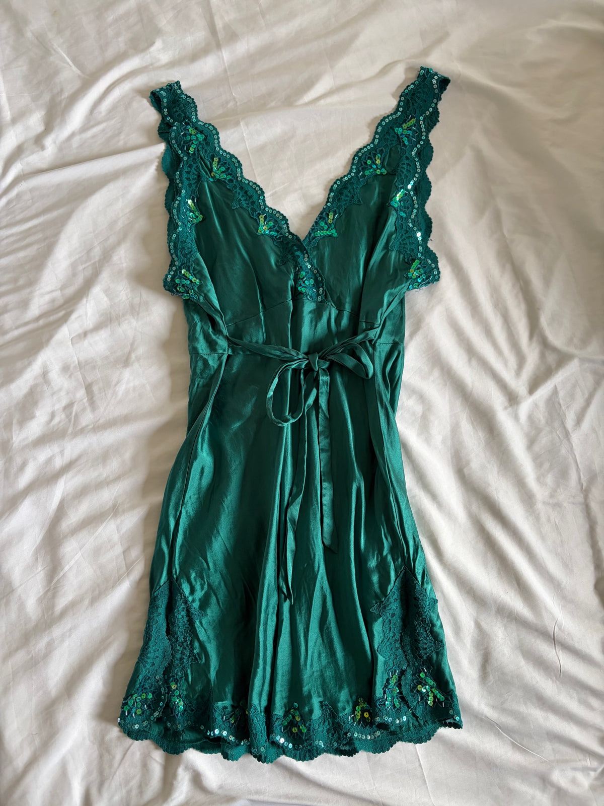 Vintage 1990s Oasis Silk Teal Beaded Mini Slip Dress