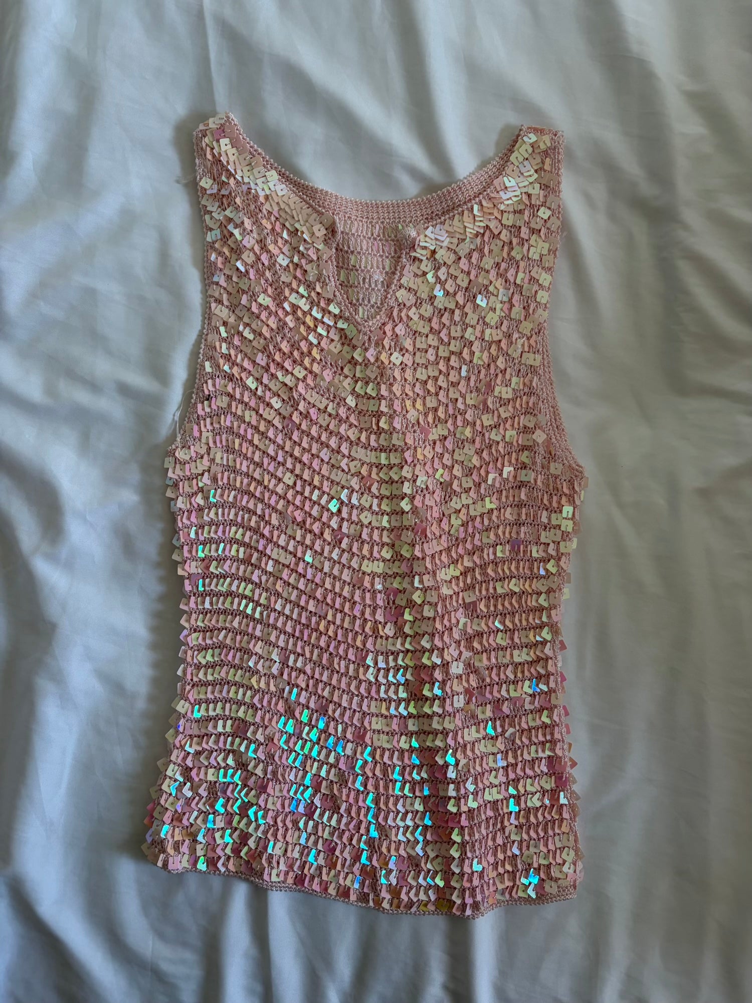 Vintage Y2K Baby Pink Boatneck Crochet Sequin Top