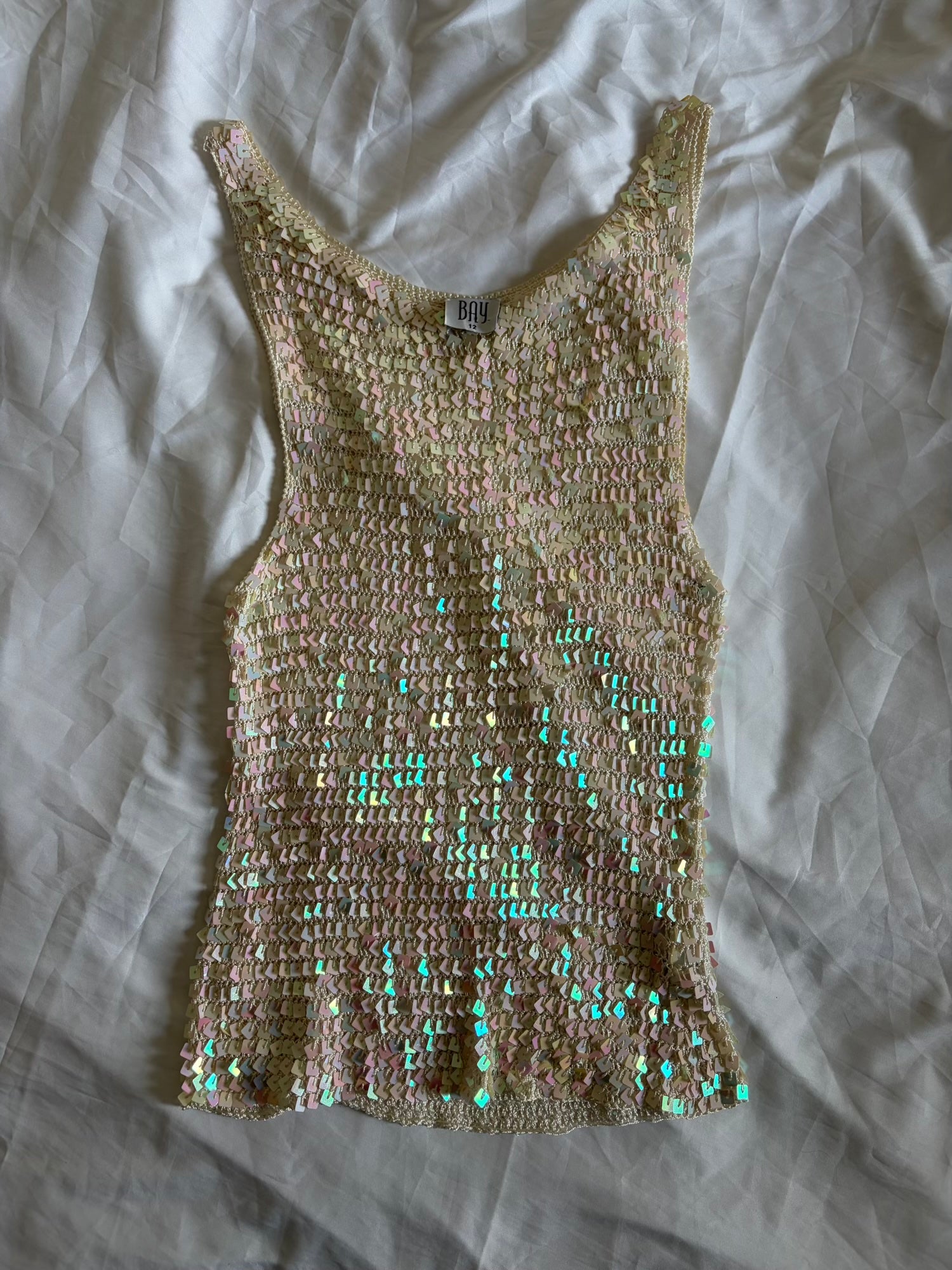 Vintage Y2K Bay Cream Scoop Neck Crochet Iridescent Sequin Cami