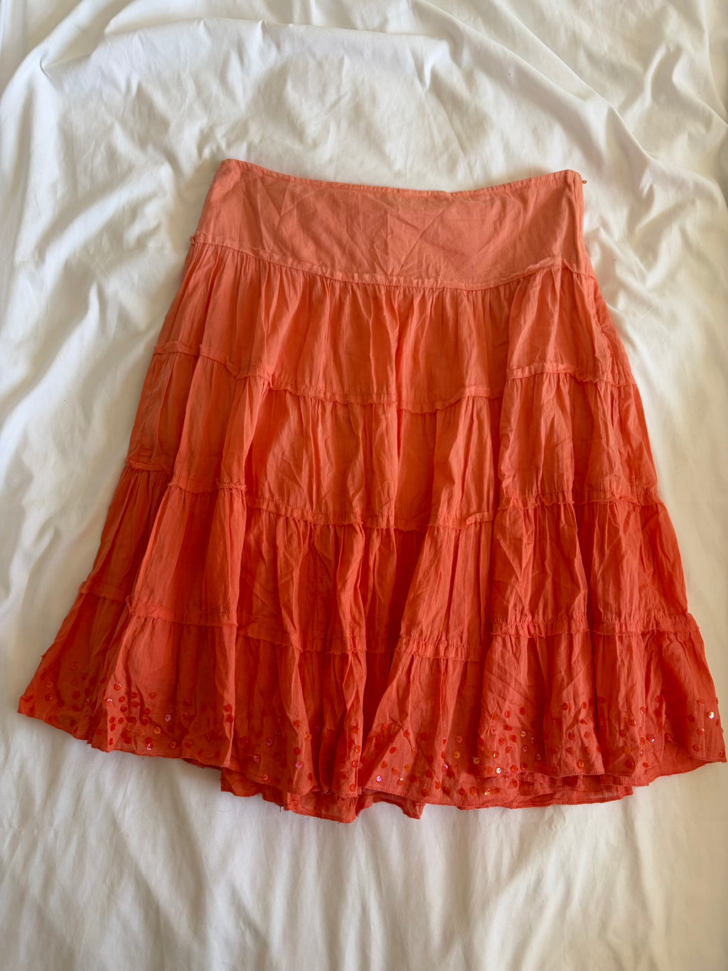 Vintage Y2K sunset orange cotton midi tiered skirt with sequin hem