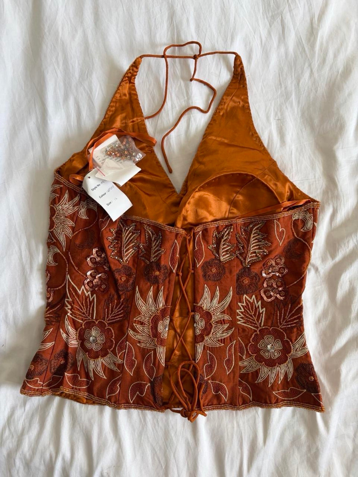 Vintage Y2K burnt orange silk beaded, bronze and silver sequin corset style halter - Size Medium