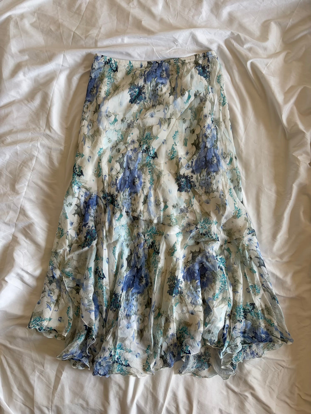 Vintage 1990s Blue and Aqua Paisley and Floral Asymmetrical Hem Fairy Skirt
