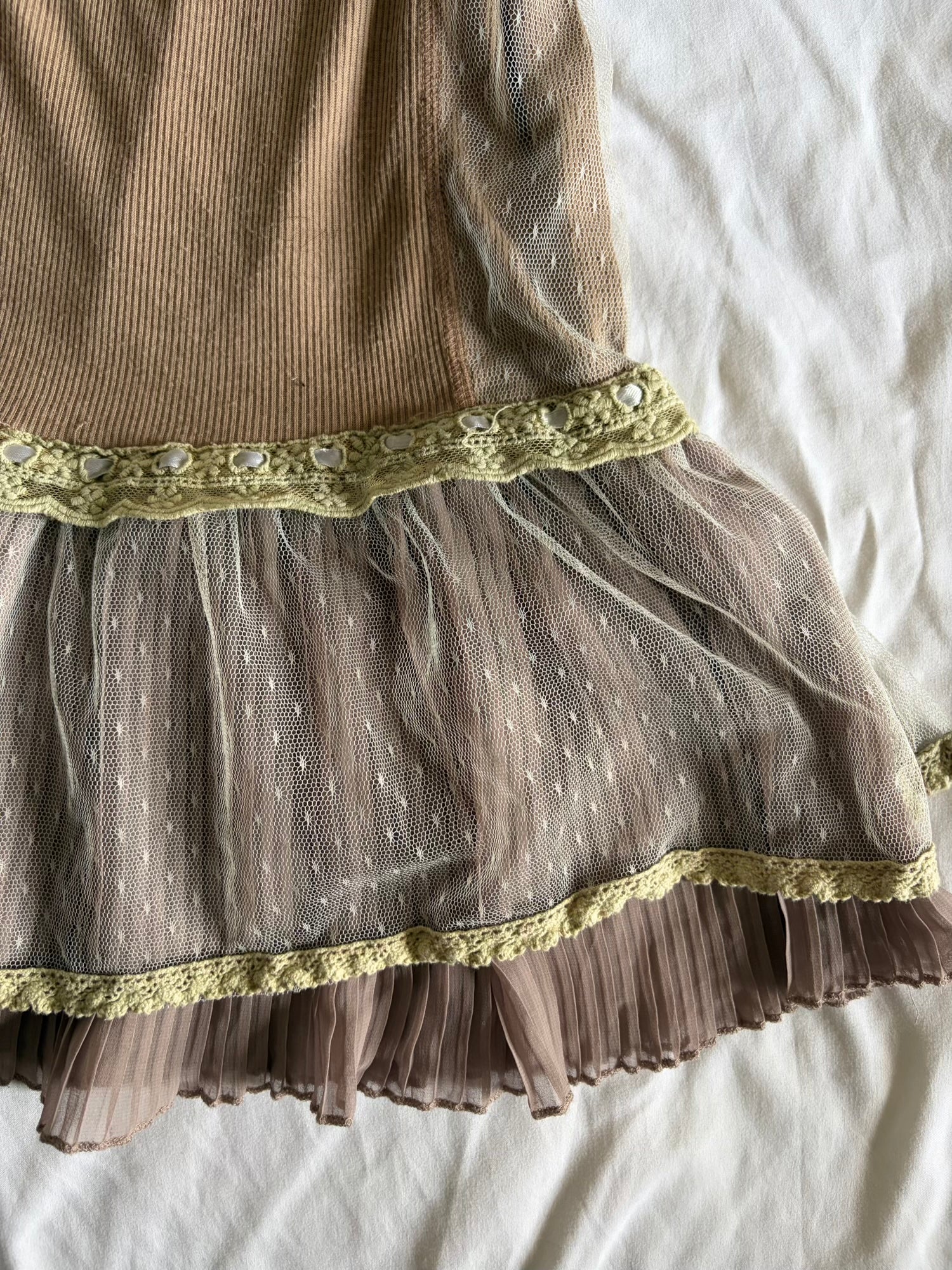 Vintage Y2K Beige Mini Dress with Mesh Polka Dot Hem and Ribbon