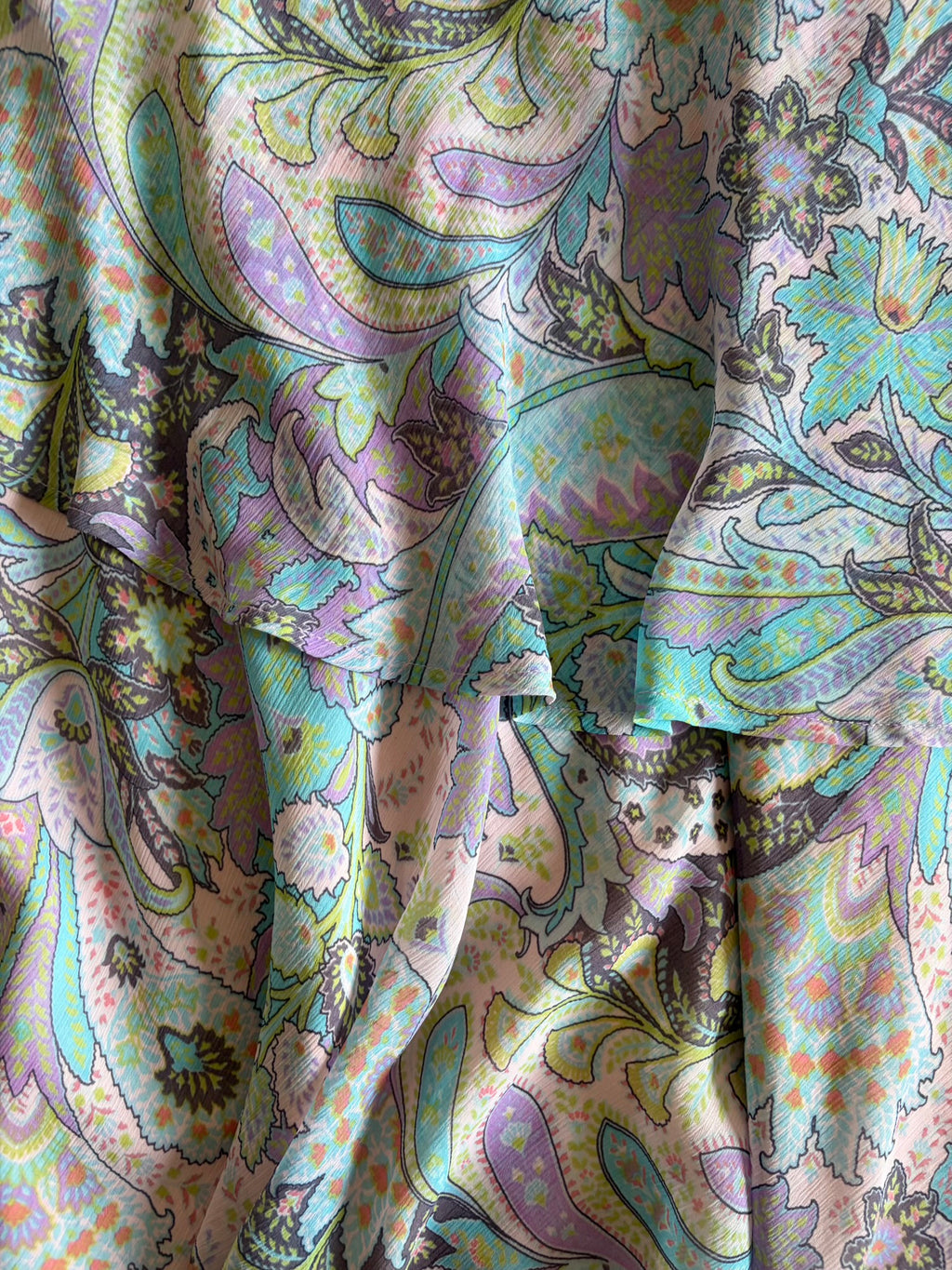 Vintage Y2K Pastel Lilac Paisley Midi Skirt with Ruffle Hem