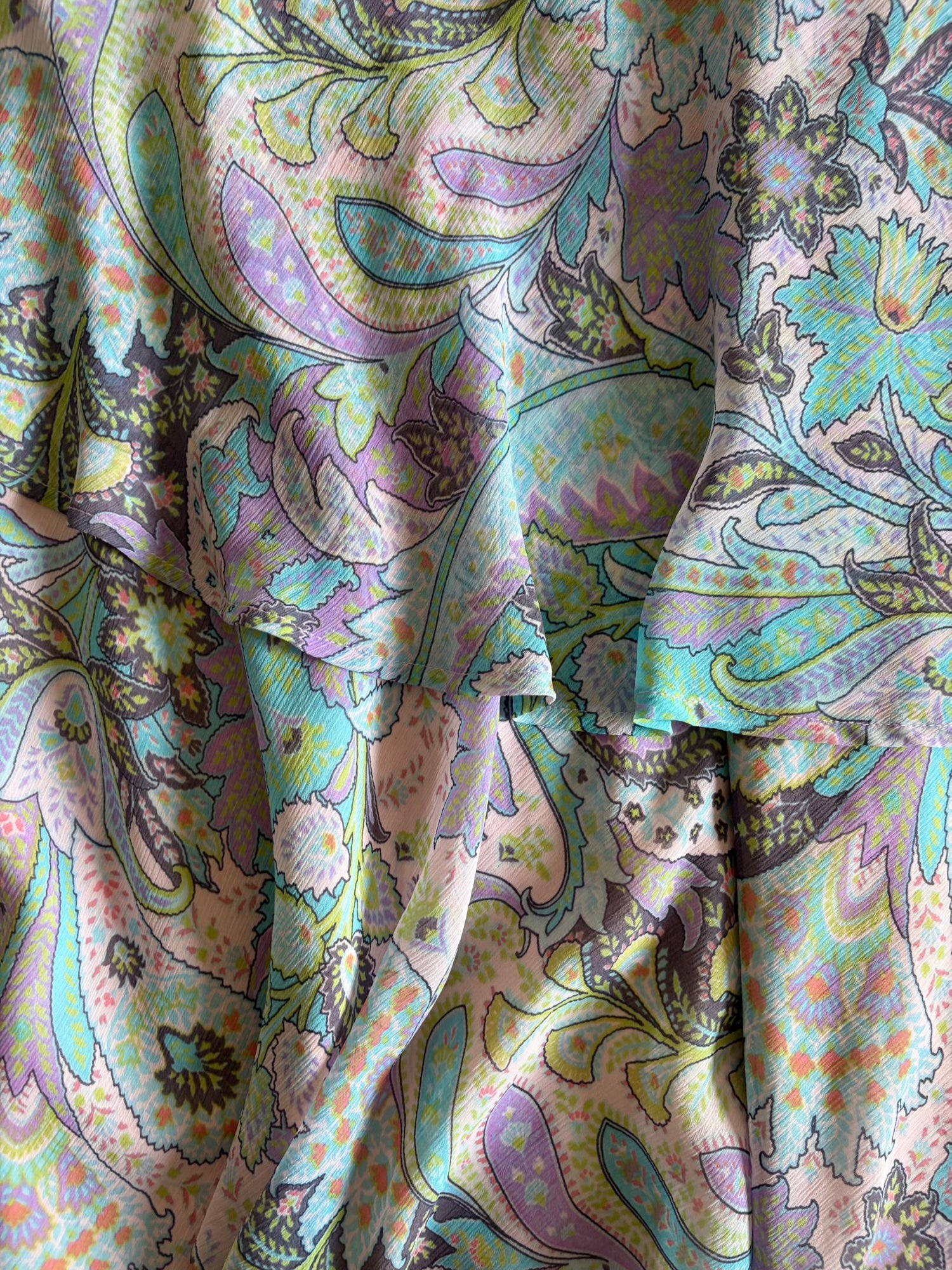 Vintage Y2K Pastel Lilac Paisley Midi Skirt with Ruffle Hem
