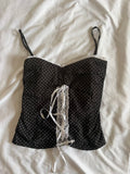Vintage 1990s Black Polka Dot Cotton Cami with White Lace Up Detail