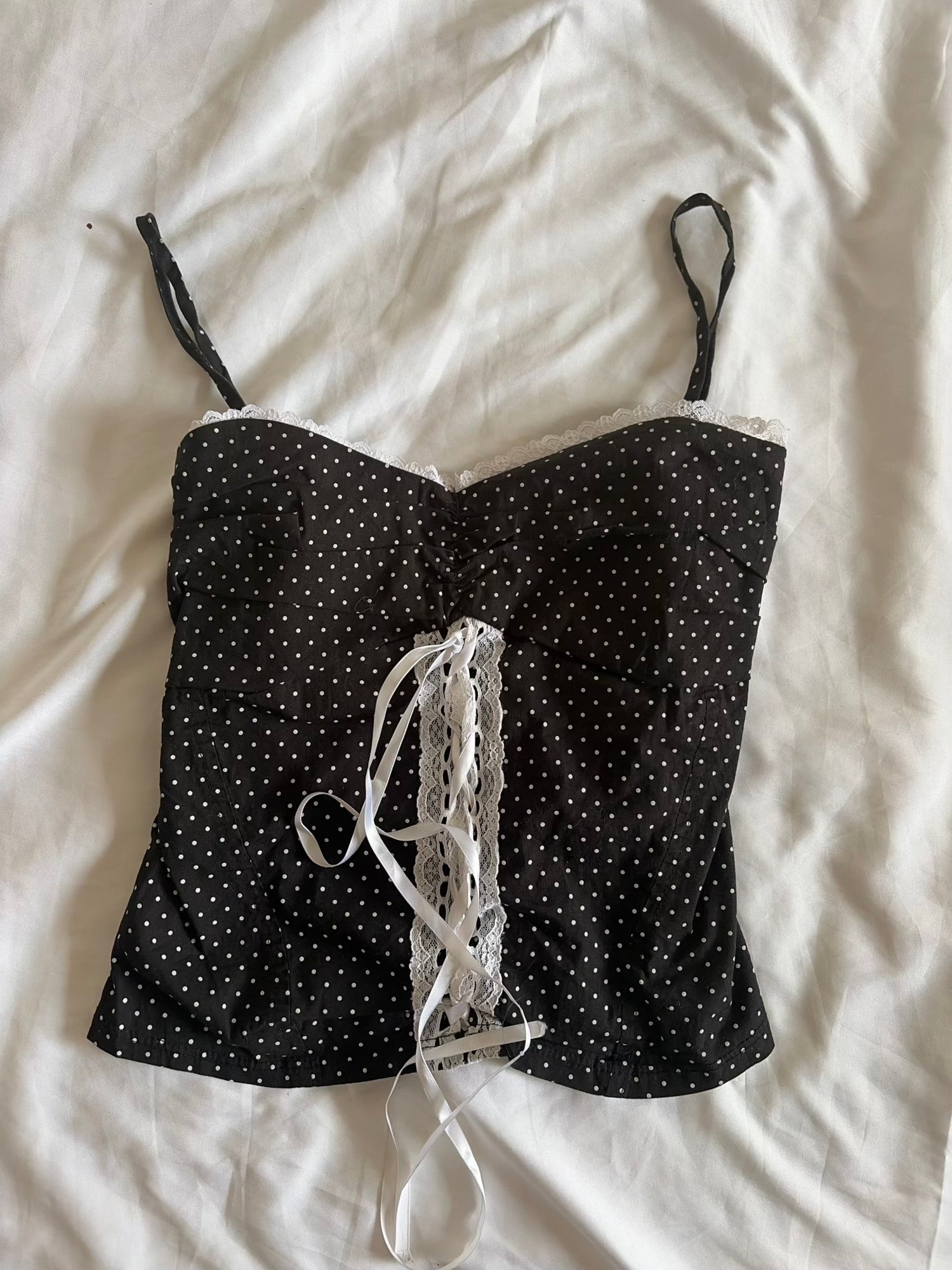 Vintage 1990s Black Polka Dot Cotton Cami with White Lace Up Detail