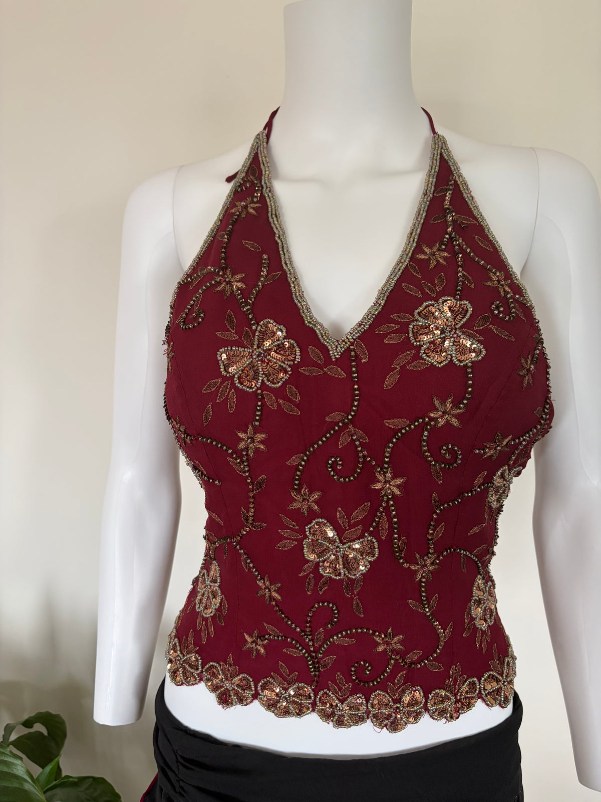 Vintage 2000s Banke B Silk Burgundy Bronze Sequin and Beaded Corset Halter, UK 8–10
