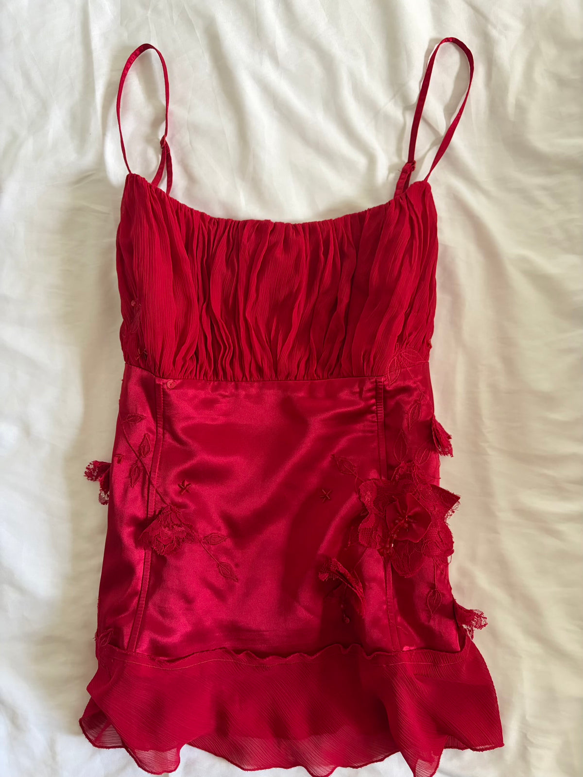 Vintage Y2K Red Corset Style Cami with Floral Applique