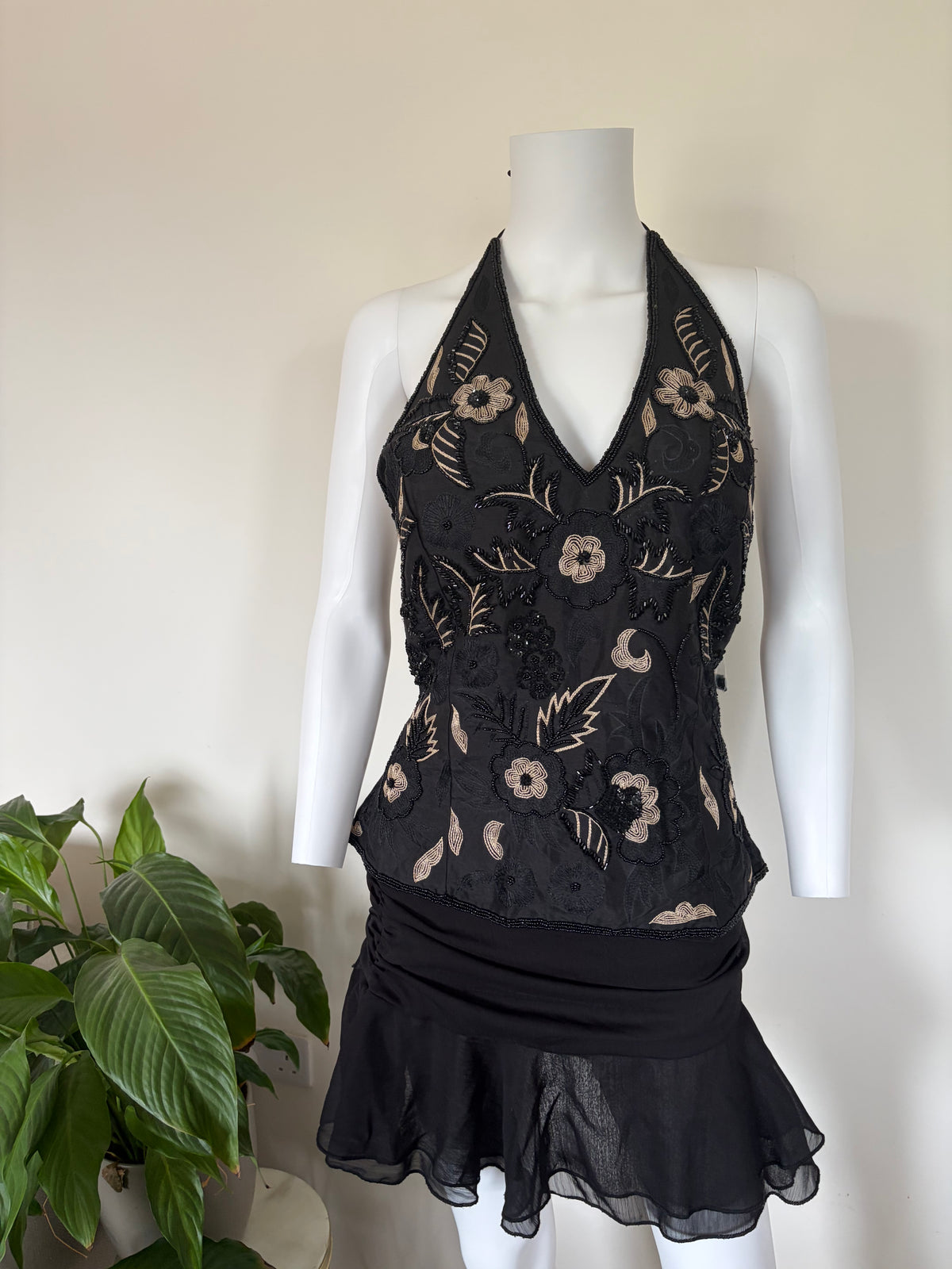 Vintage 2000s Banke B Silk Black Sequin and Beaded Corset Halter, UK 14–16