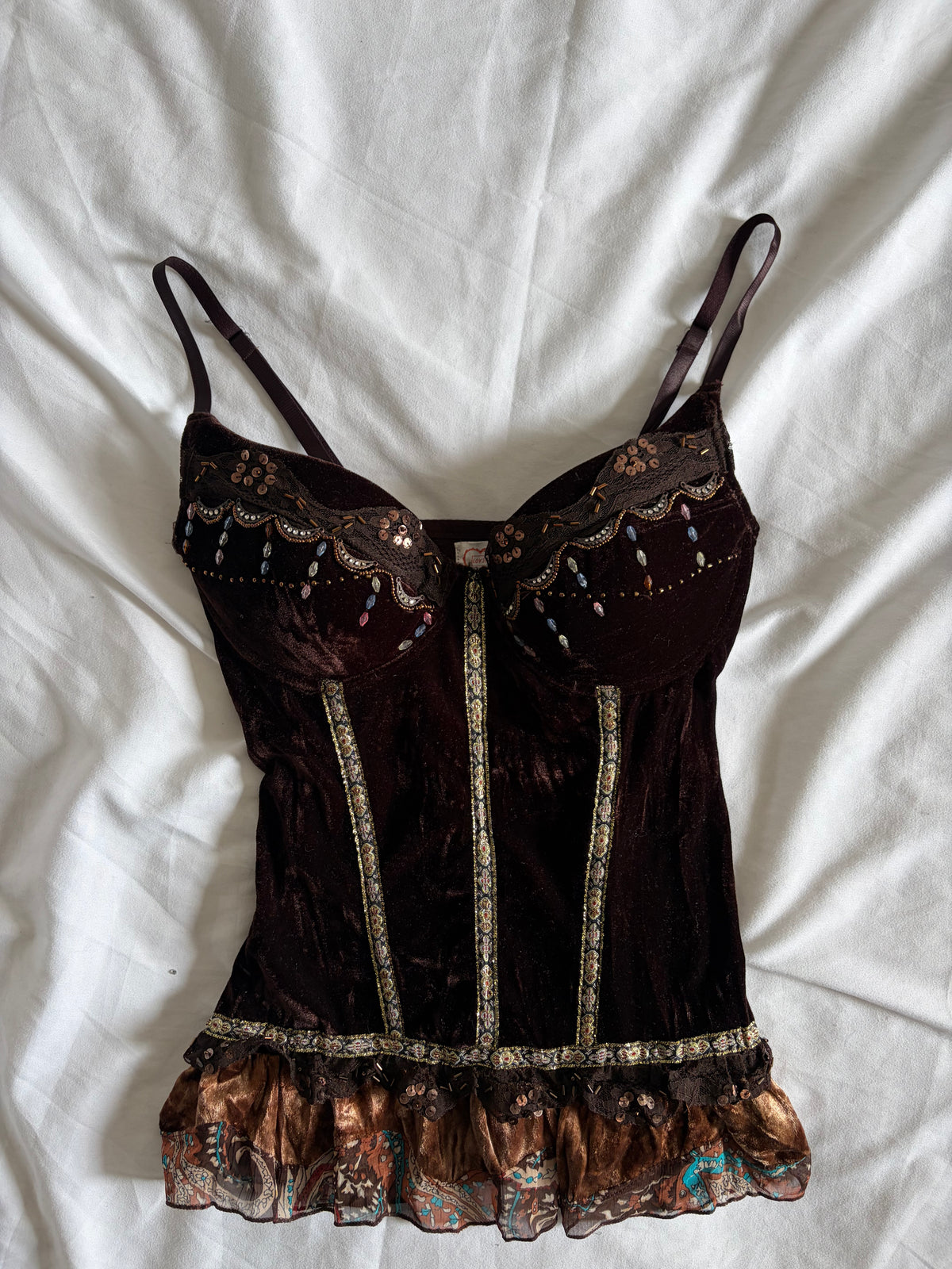 Vintage 1990s Lov3e French Brown Whimsy Sequin Corset Top, UK 12–14