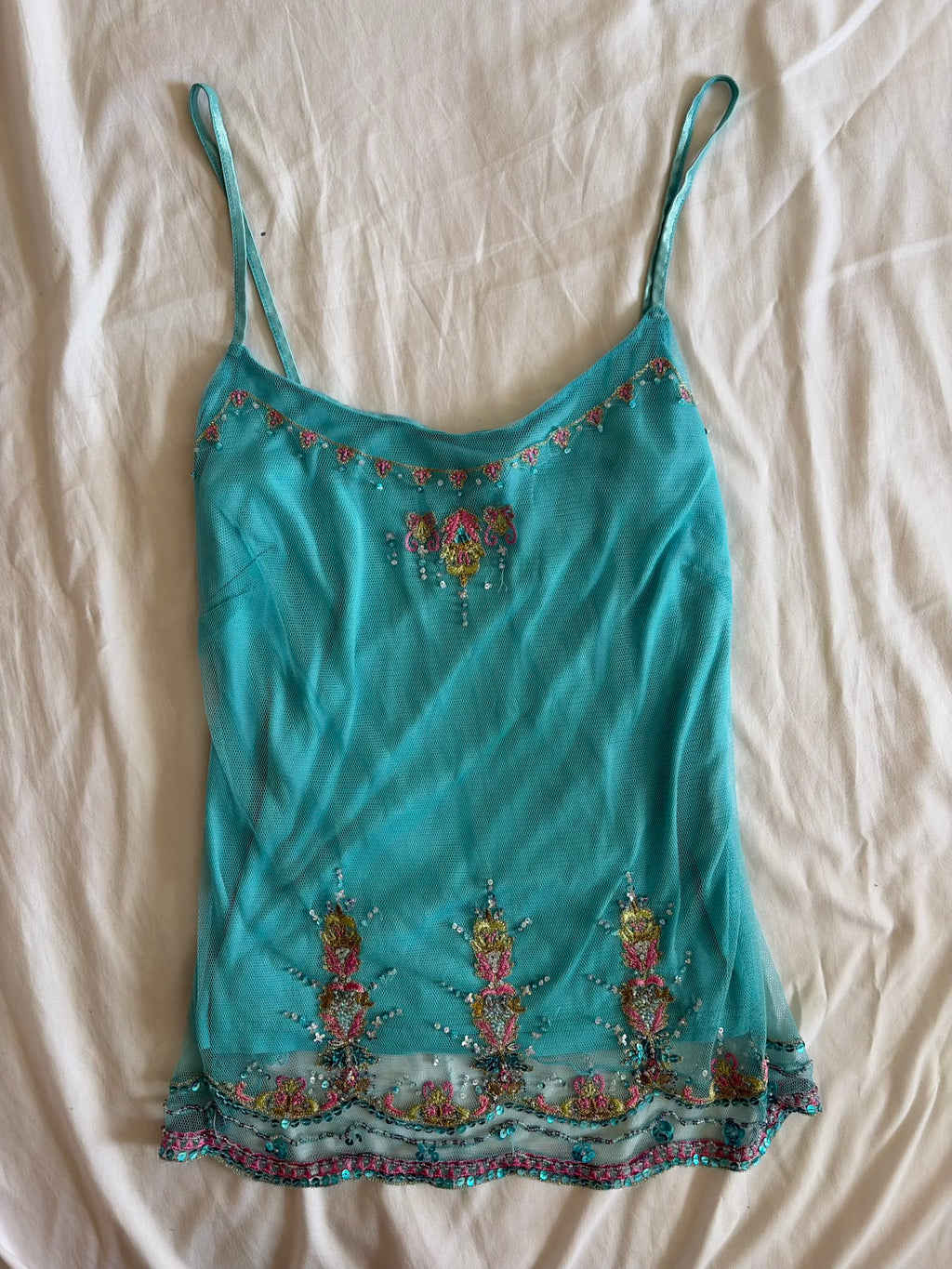 Vintage Y2K Teal Turquoise Mesh Cami Overlay with Embroidery Beads and Sequins