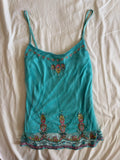 Vintage Y2K Teal Turquoise Mesh Cami Overlay with Embroidery Beads and Sequins