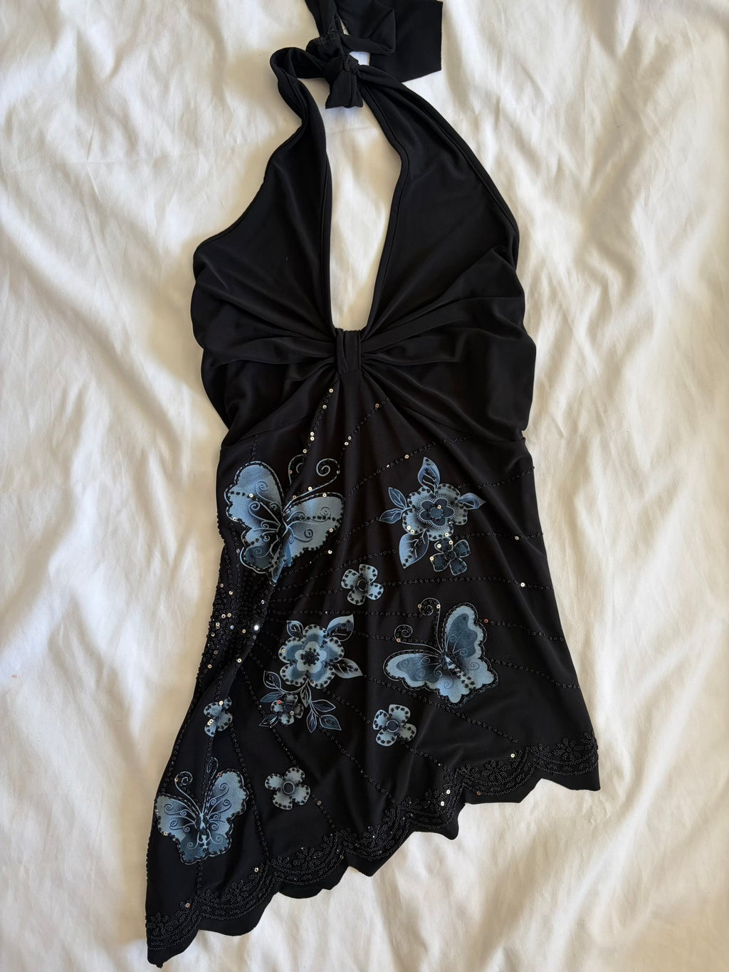 Vintage 1990s black halterneck asymmetrical hem cami with butterfly graphic, beads and sequins