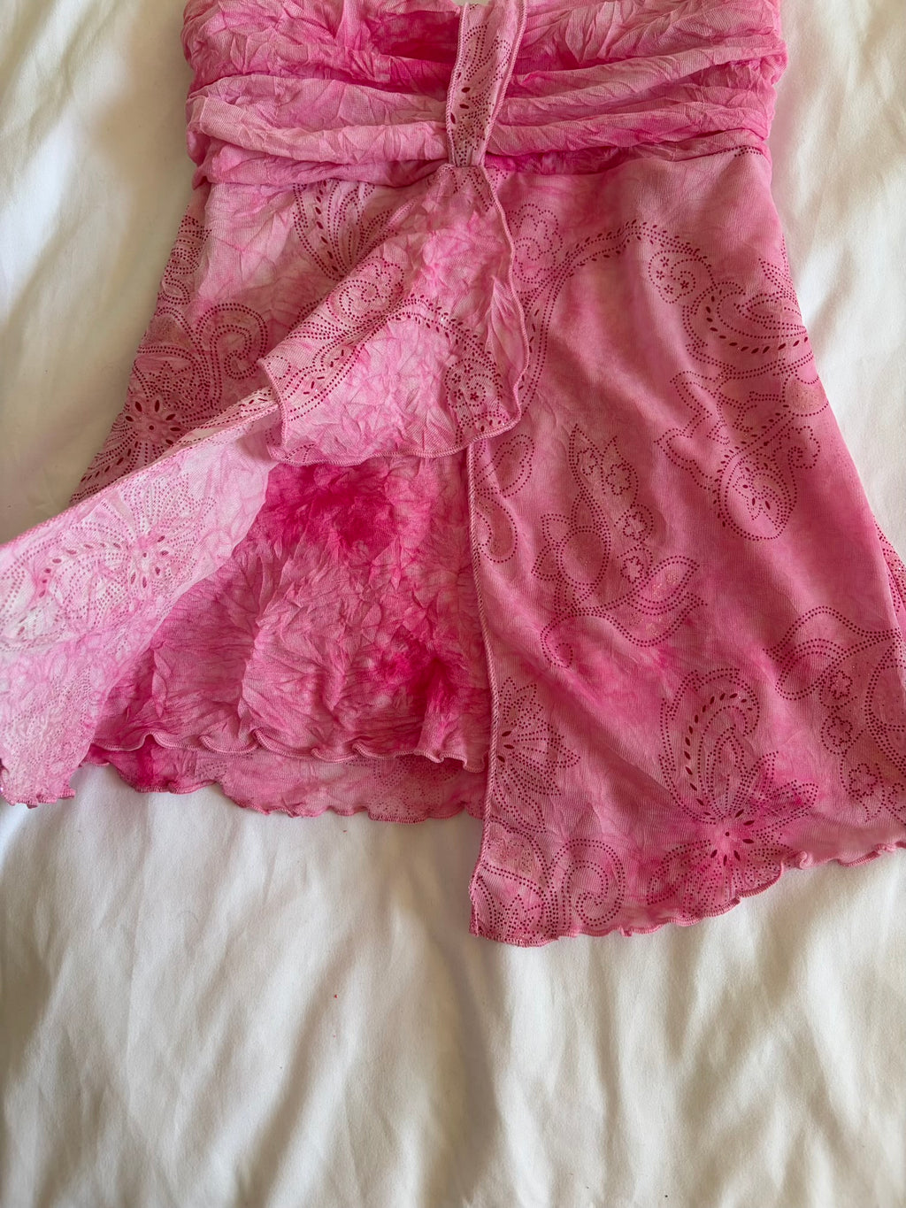 Vintage pink knot bust cami with floral print and sparkly detail and lettuce hem