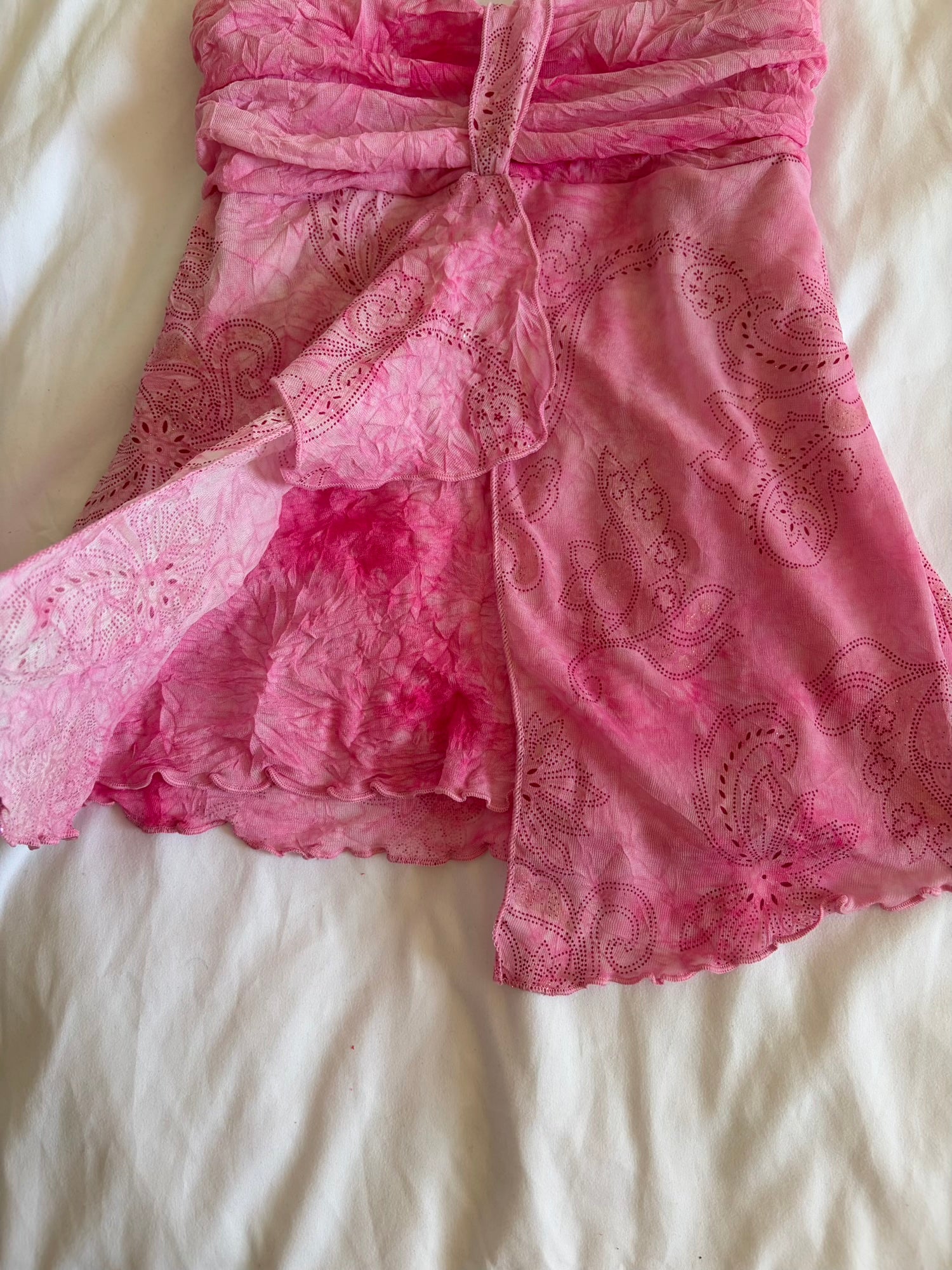 Vintage pink knot bust cami with floral print and sparkly detail and lettuce hem