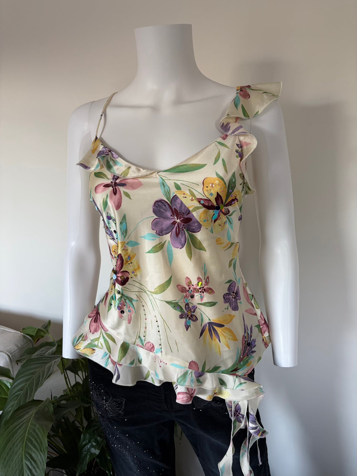 Vintage 1990s Floral Asymmetrical Hem Cami with Sequins and Frilly Hem
