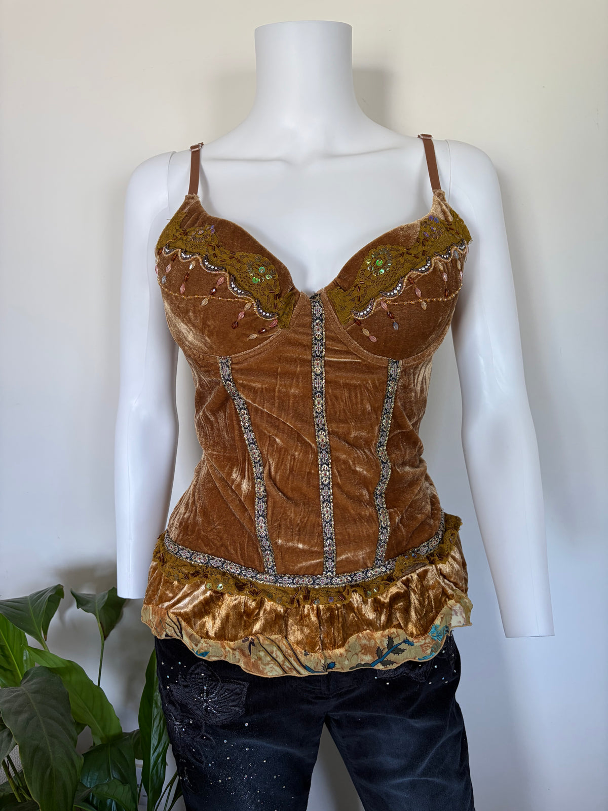 Vintage 1990s Lov3e French Champagne Whimsy Sequin Corset Top, UK 12–14