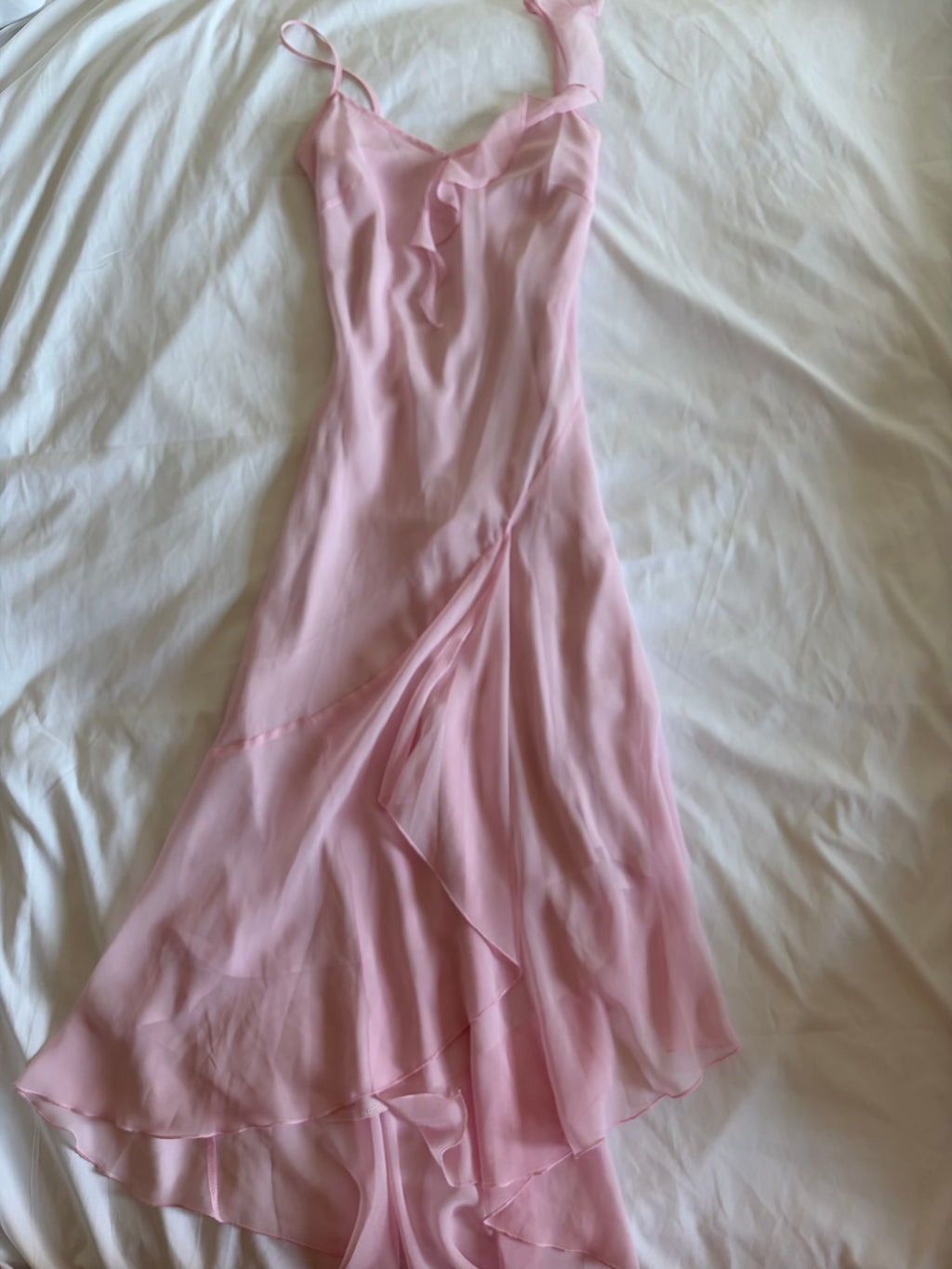Vintage Y2K baby pink asymmetrical hem fairy dress with ruffle detail