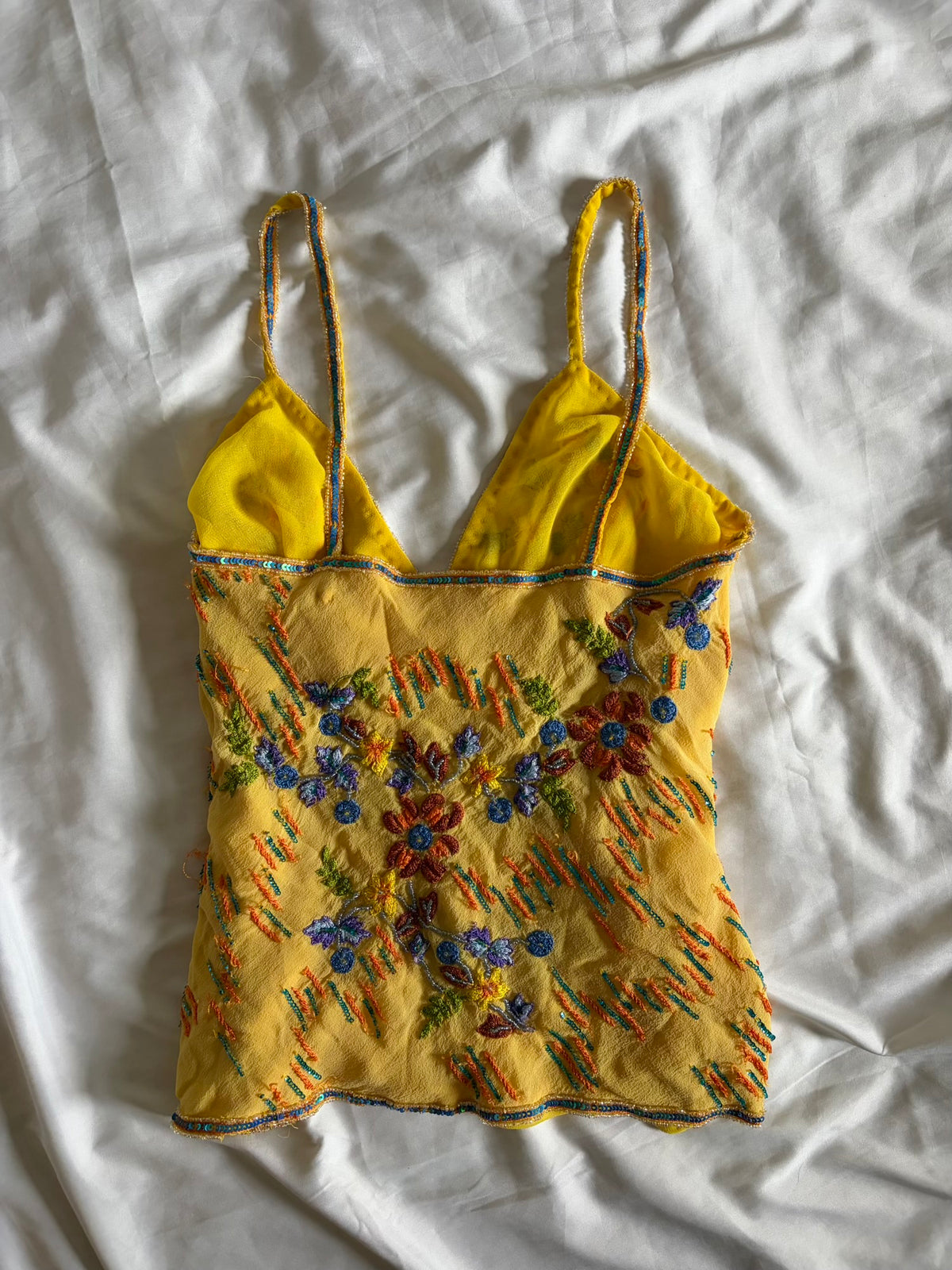 Vintage 2000s Aftershock Sunburst Yellow Silk Cami with Embroidery and Sequins