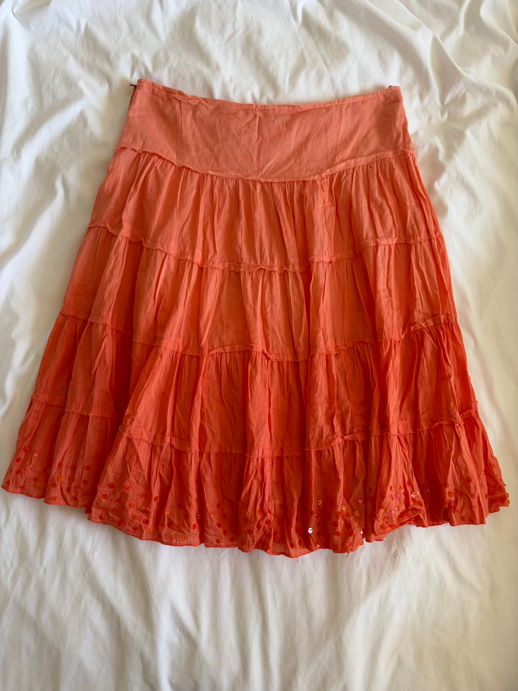Vintage Y2K sunset orange cotton midi tiered skirt with sequin hem