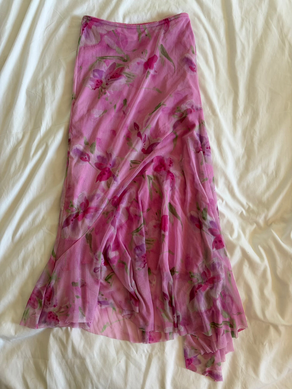 Vintage 1990s pink asymmetrical hem micromesh midi skirt