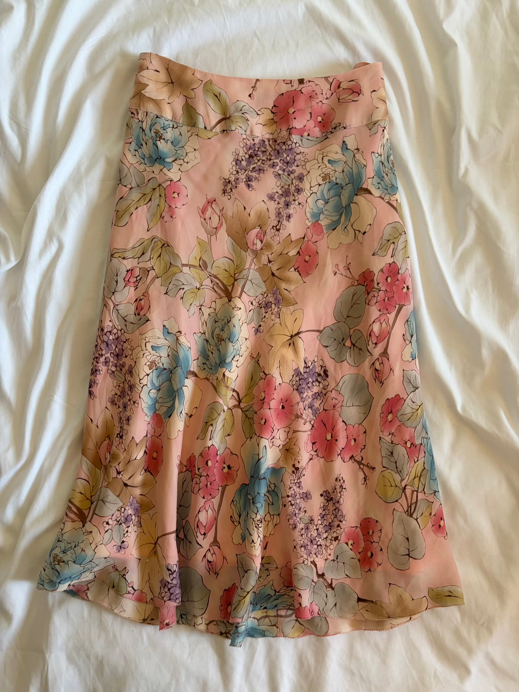 Vintage Y2K pastel silk floral midi skirt with ruffle hem