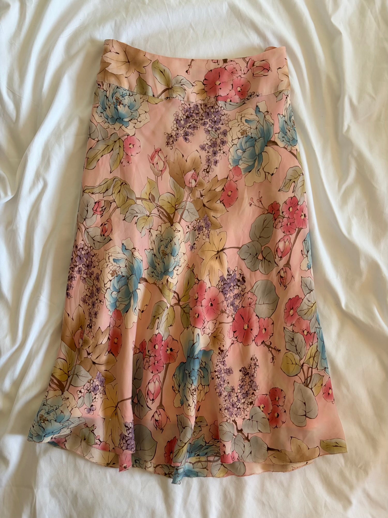 Vintage Y2K pastel silk floral midi skirt with ruffle hem