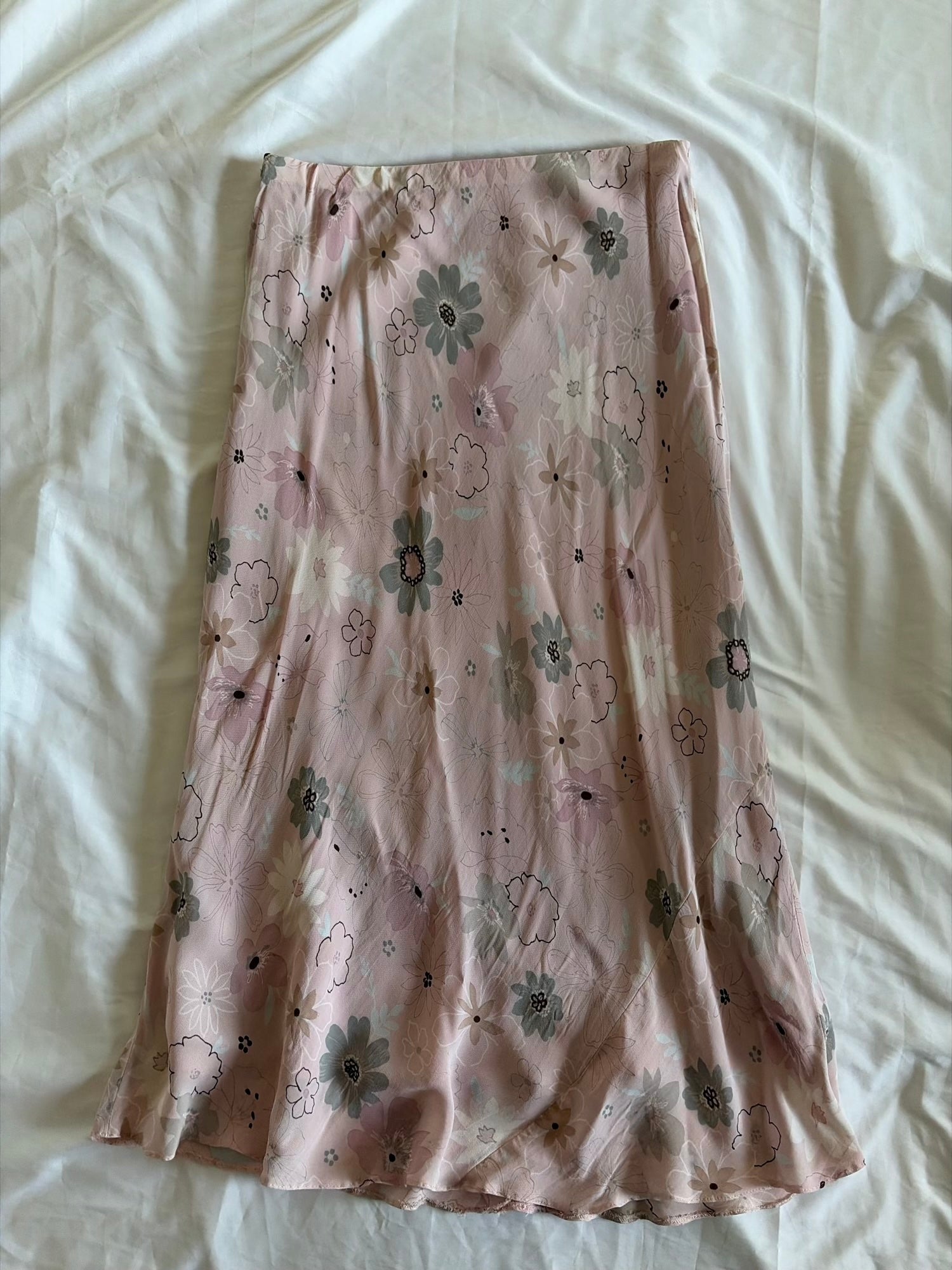 Vintage 1990s Rose Pink and Grey Floral Floaty Midi Skirt