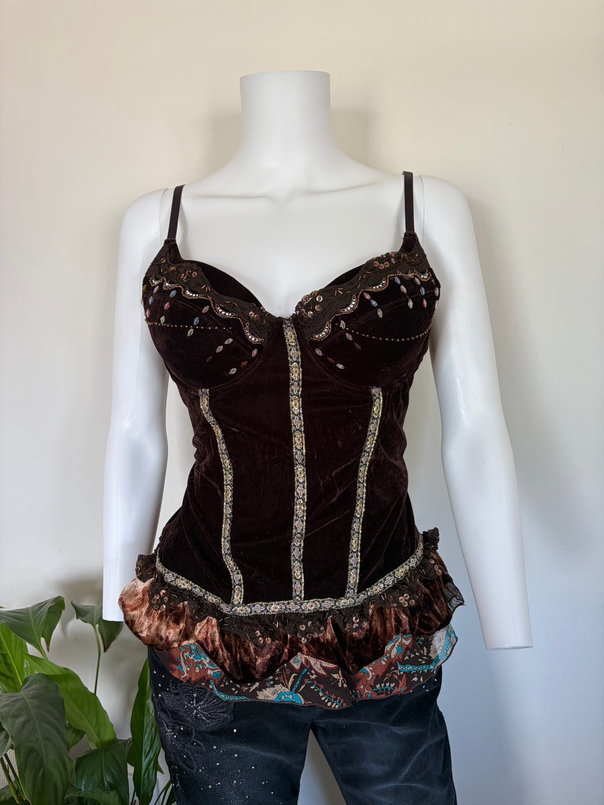 Vintage 1990s Lov3e French Brown Whimsy Sequin Corset Top, UK 12–14