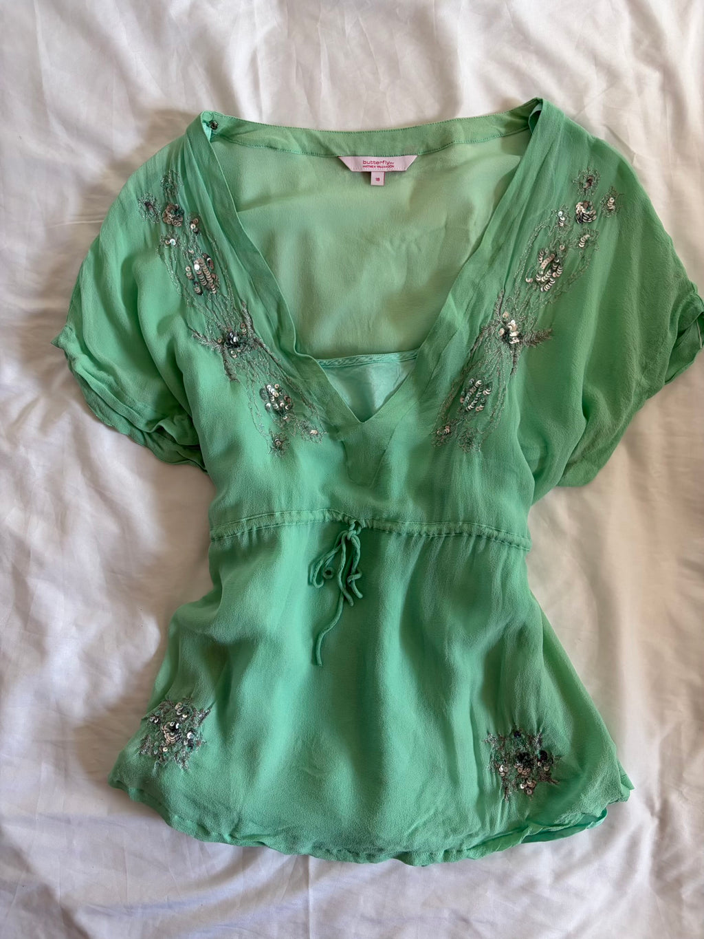 Vintage Y2K Turquoise Silk Blouse with Sequins and Embellishment