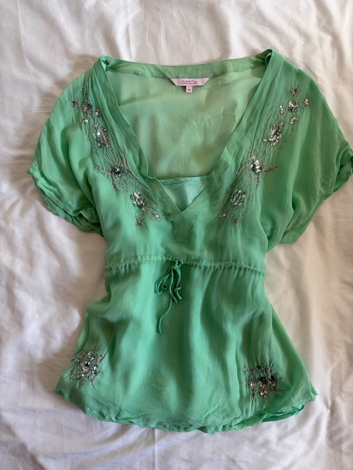 Vintage Y2K Turquoise Silk Blouse with Sequins and Embellishment