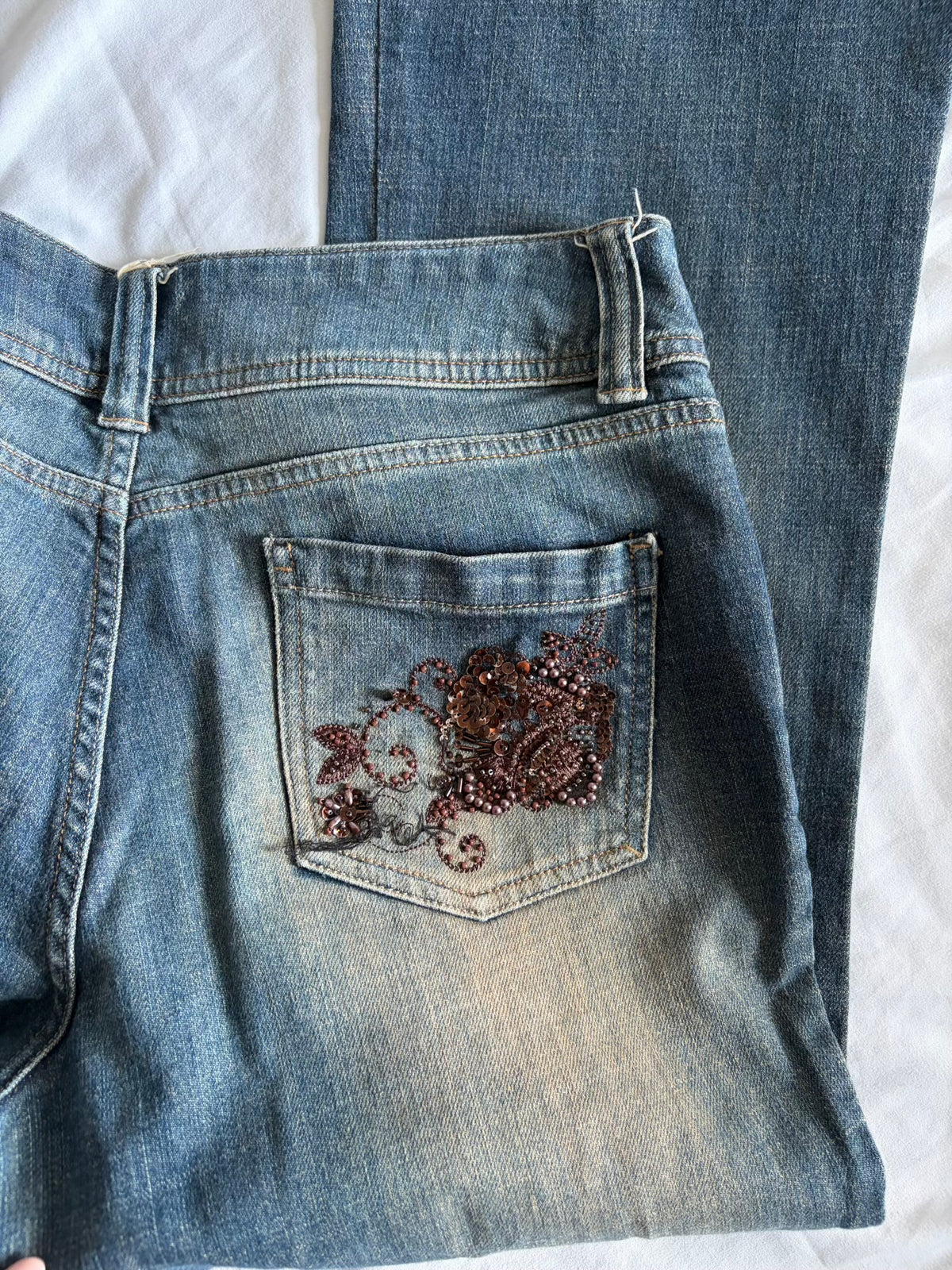 Vintage 2000s Mid Rise Bootcut Flared Jeans with Brown Embellishment and Beads