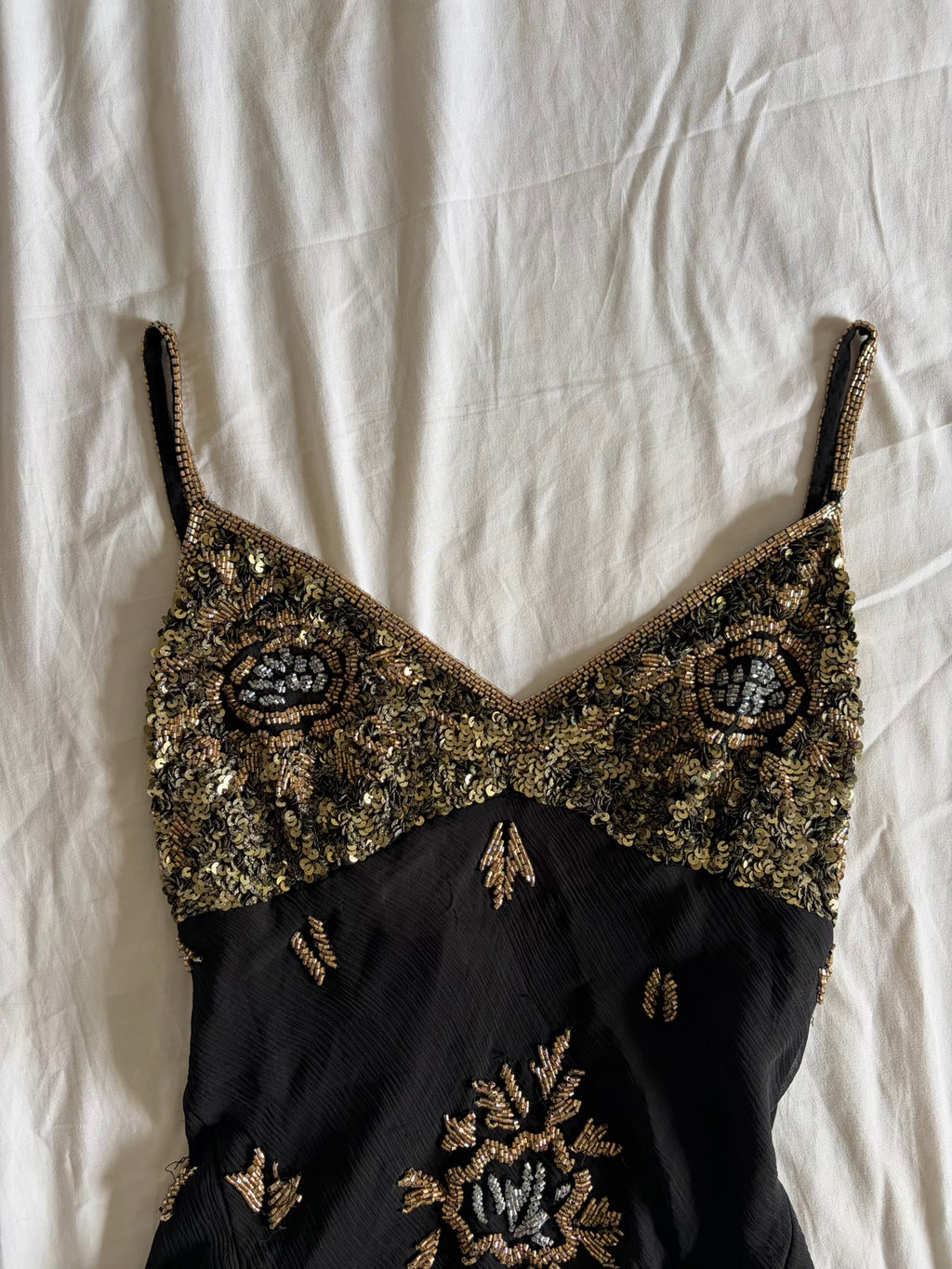 Vintage Y2K Aftershock Silk Black Cami with Gold and Silver Beads and Sequins