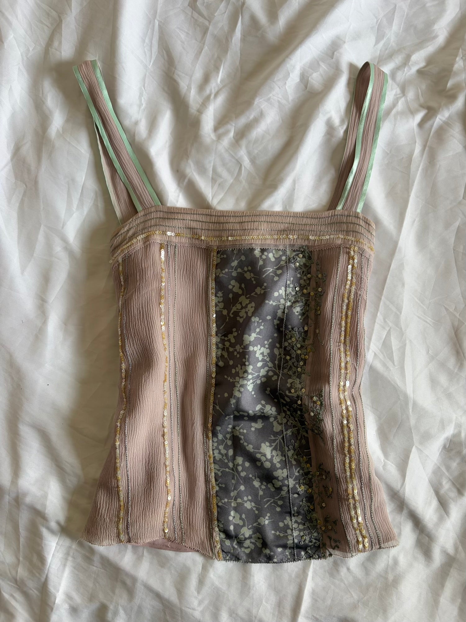 Vintage Y2K Silk Slate Grey and Dusty Pink Cami with Embroidery and Sequins