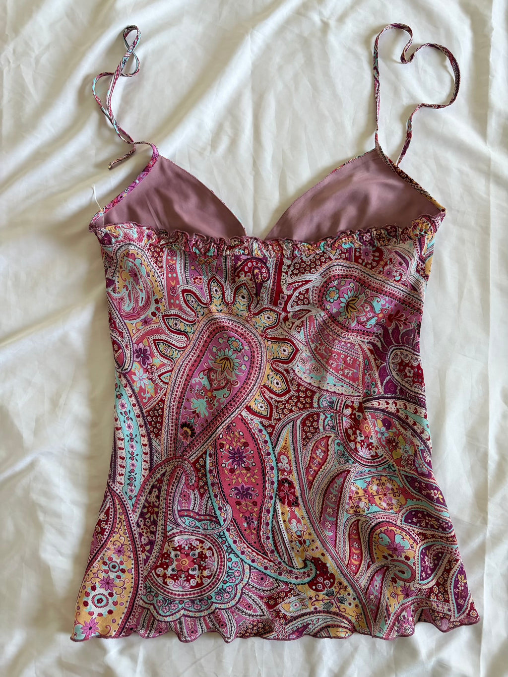 Vintage Y2K pink paisley halterneck cami with floaty fairy hem