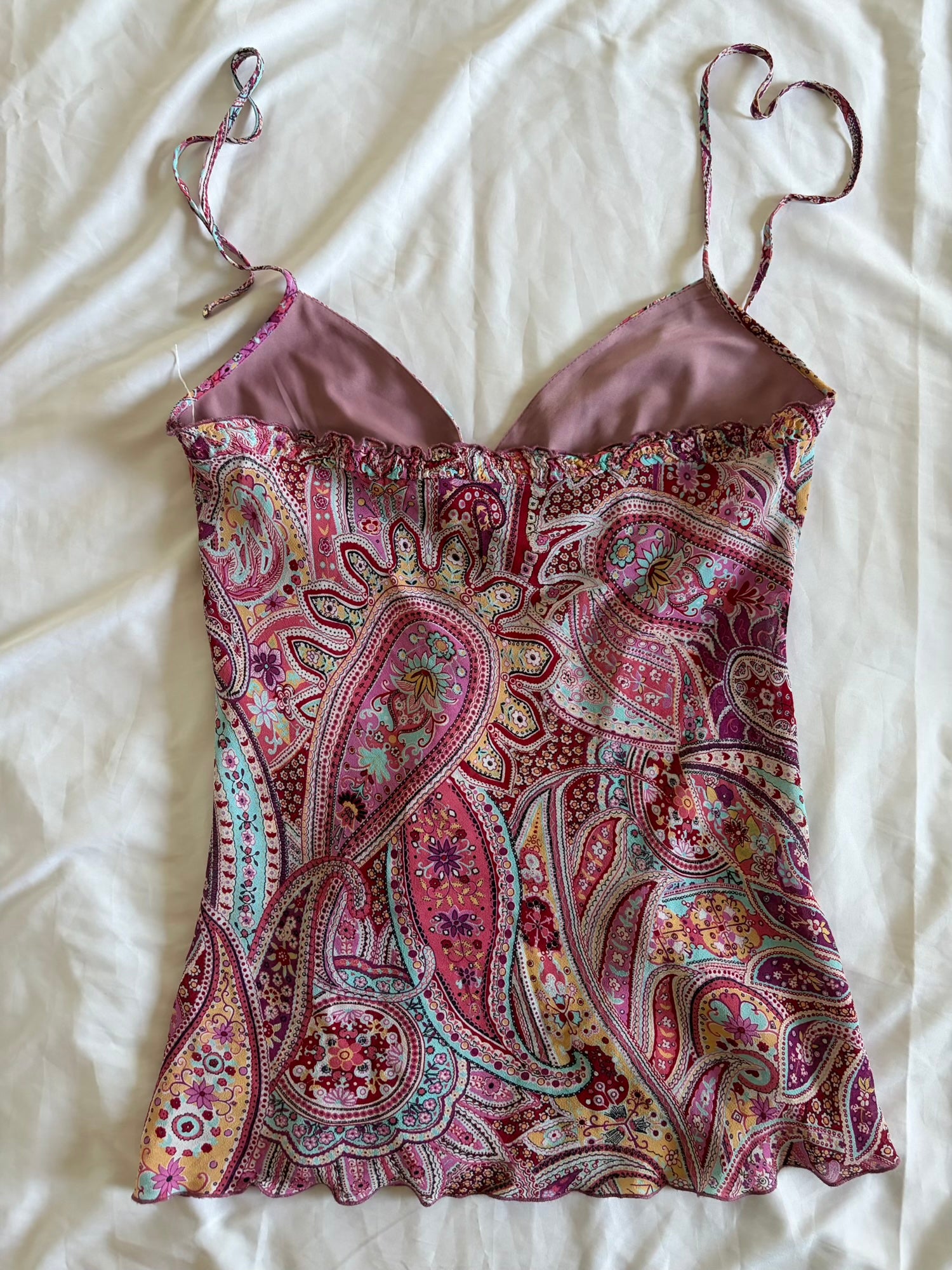 Vintage Y2K pink paisley halterneck cami with floaty fairy hem