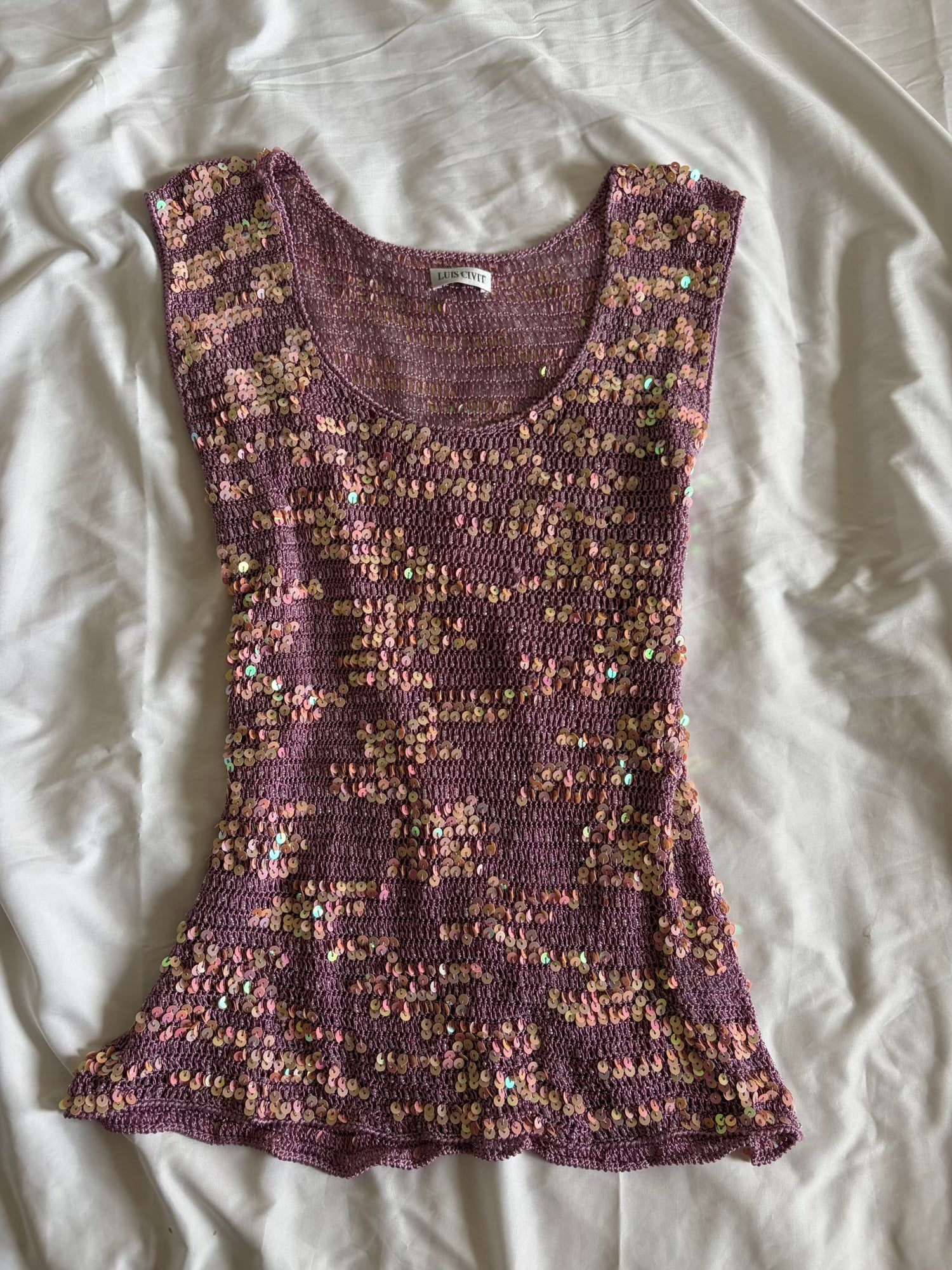 Vintage Y2K lilac and pink sequin crochet cami